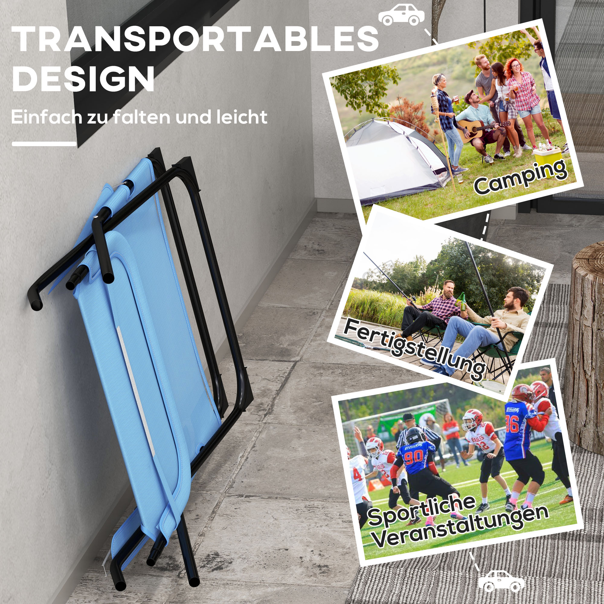 Gefalteter blauer Stuhl mit Bildern von Camping, Angeln und Fußball, Text Transportables Design.