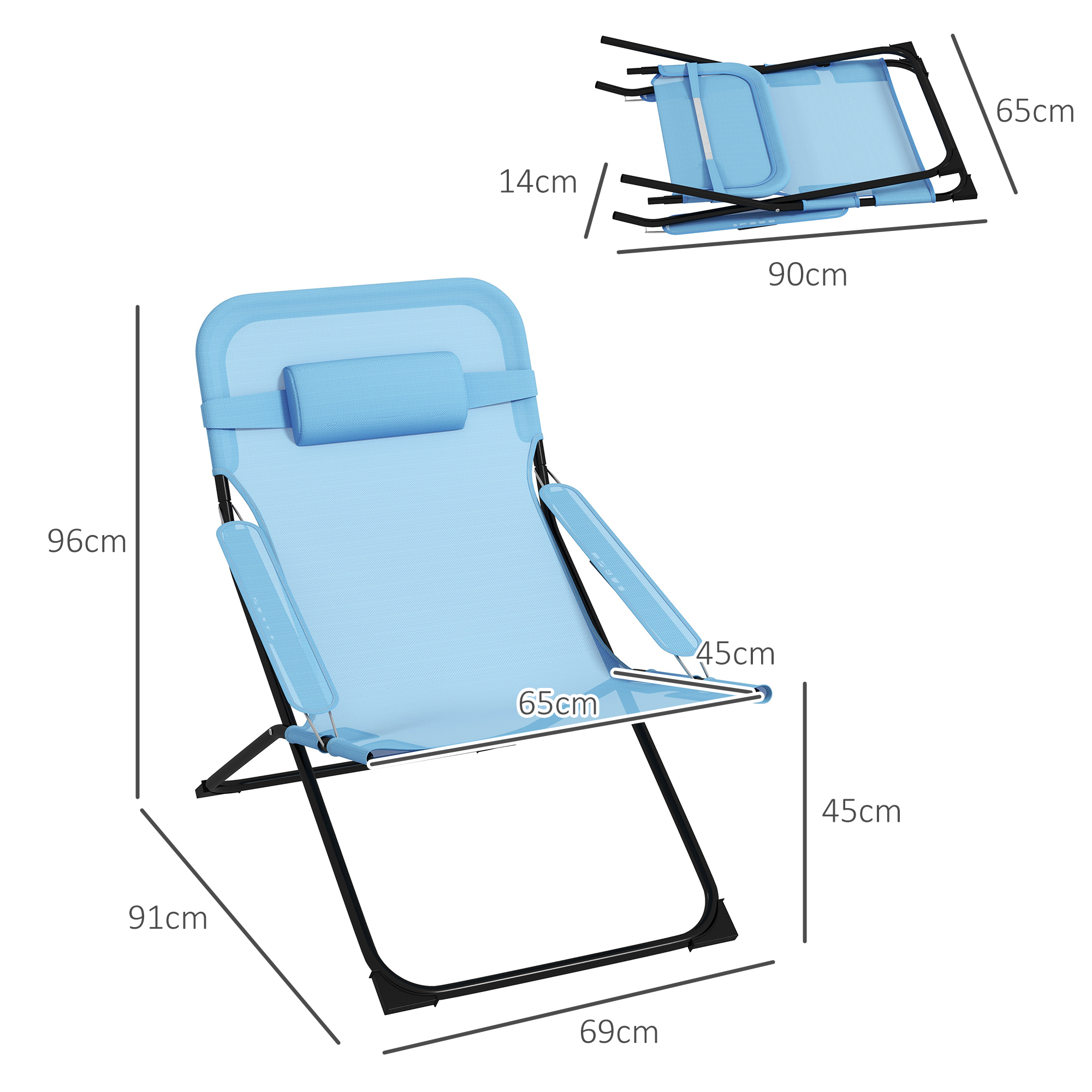Ein blauer Klappstuhl mit Maßangaben. Der Stuhl ist für den Gebrauch aufgebaut.