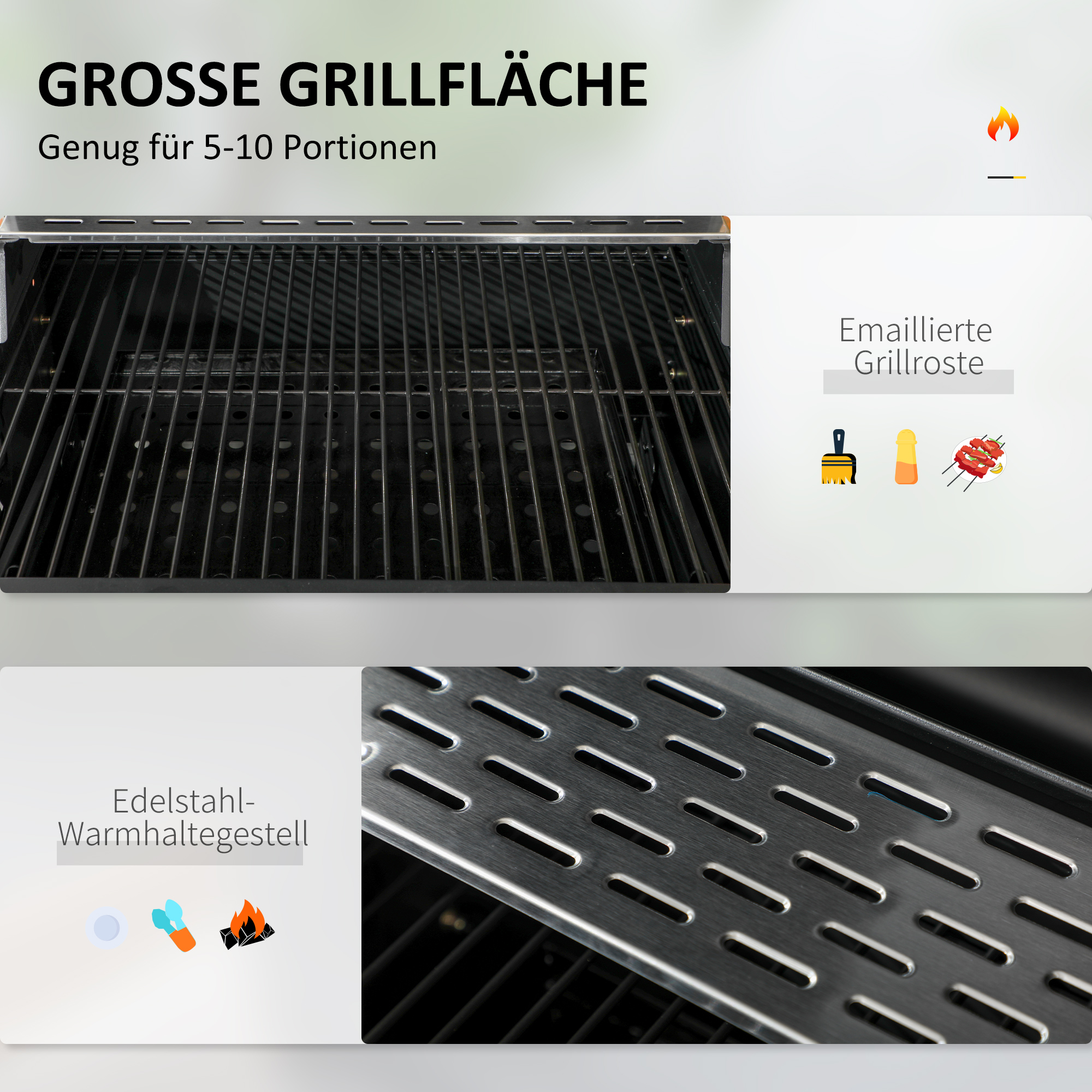 Nahaufnahme eines Grills. Zeigt Roste und Warmhalterost. Schwarz und Silber dominieren.