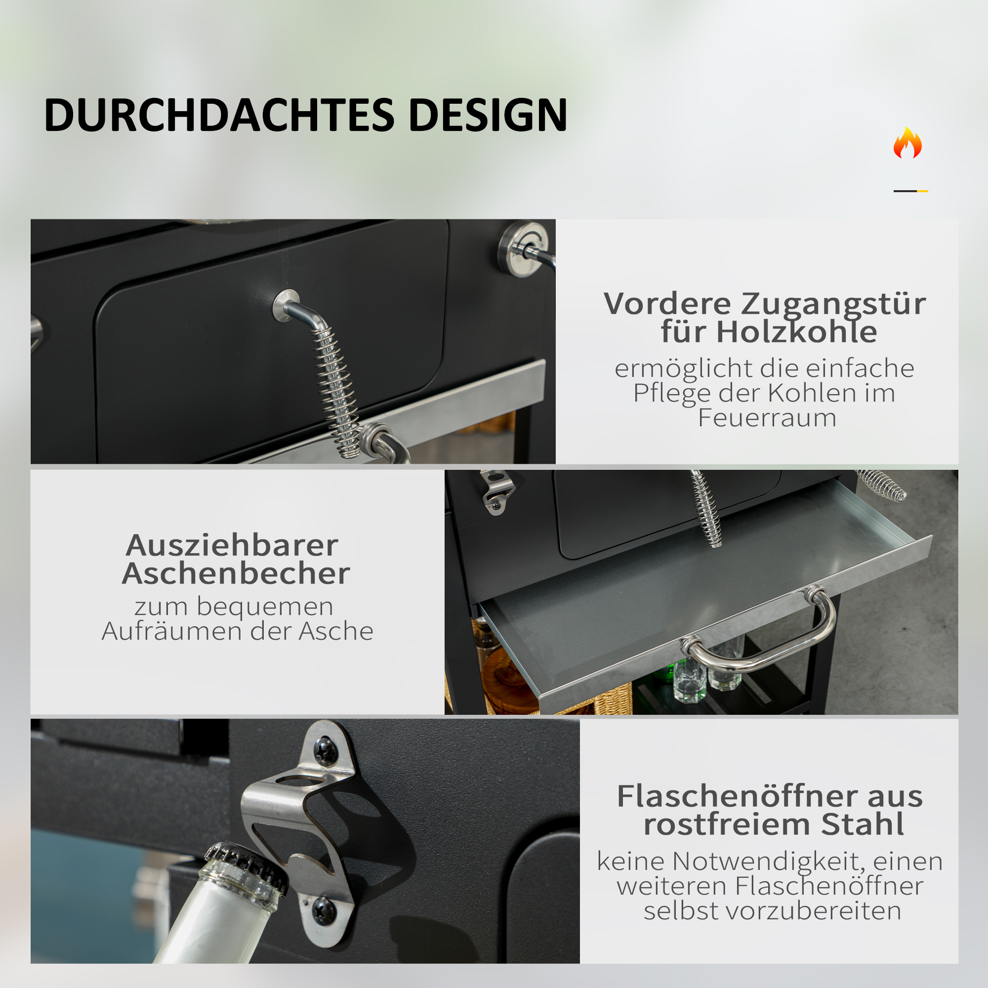 Nahaufnahme eines Barbecue-Grills. Zeigt Tür, Ascheschublade und Flaschenöffner-Details.