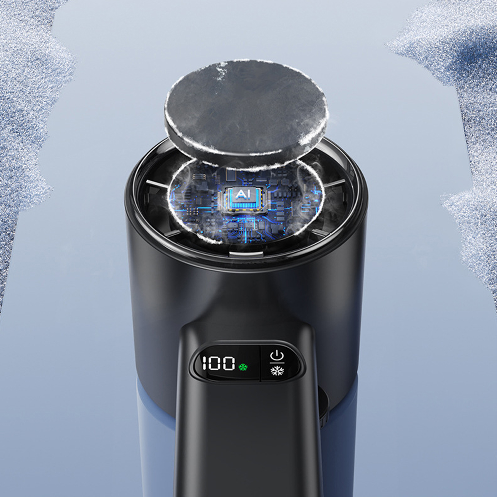 Schwarzes Gerät mit Digitalanzeige, Ein/Aus-Taste und KI-Chip-Darstellung.