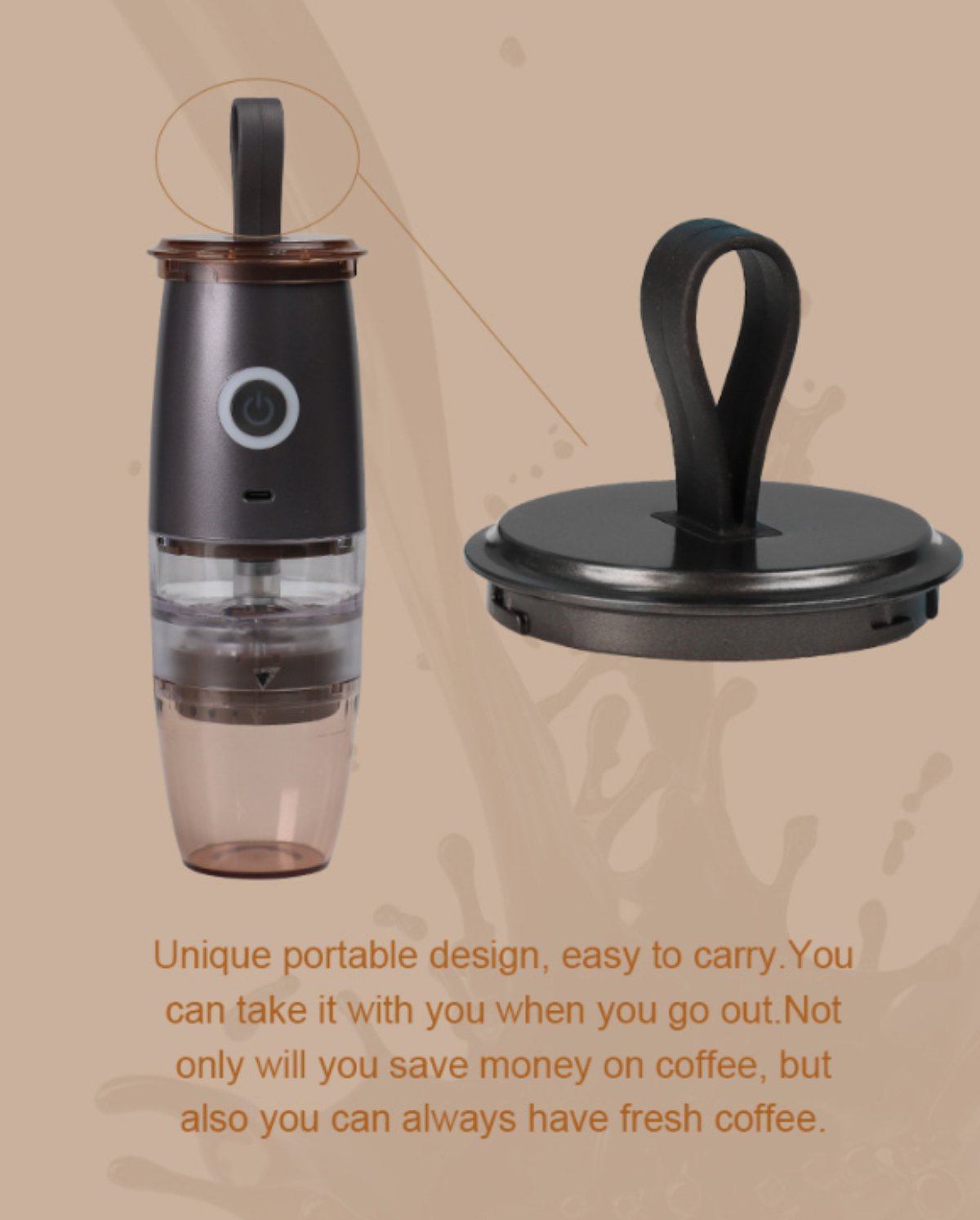 Kaffeemaschine mit Griff. Der Deckel ist abnehmbar. Text: einzigartiges, tragbares Design, einfach zu tragen.