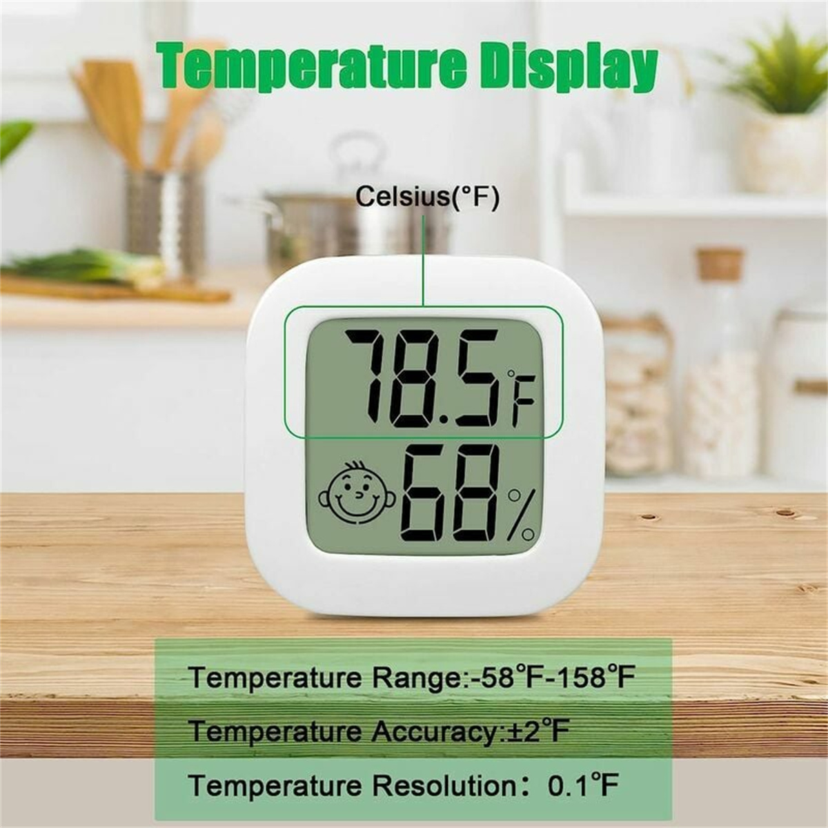 Ein digitales Thermometer mit 78,5°F und 68% Luftfeuchtigkeit. Grüne Anzeige. Text zeigt Temperaturbereich und Auflösung.