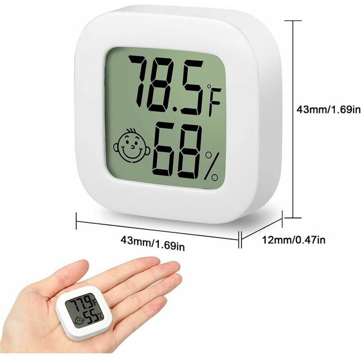 Weißes quadratisches digitales Thermometer, das Temperatur und Luftfeuchtigkeit mit Messungen anzeigt.