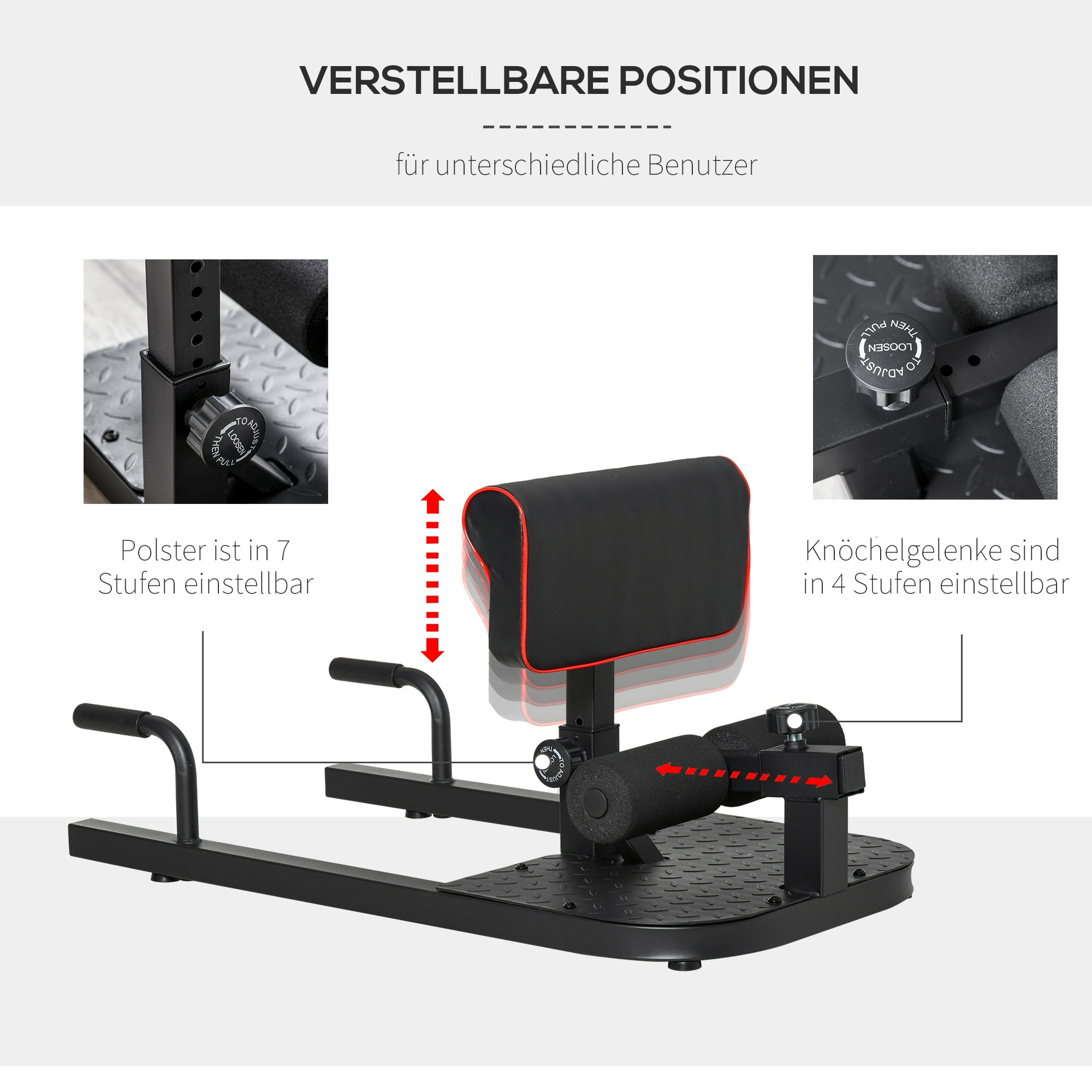 Verstellbare Kniebeugenmaschine. Einstellbares Polster in 7 Schritten, Knöchelgelenke in 4 Schritten.