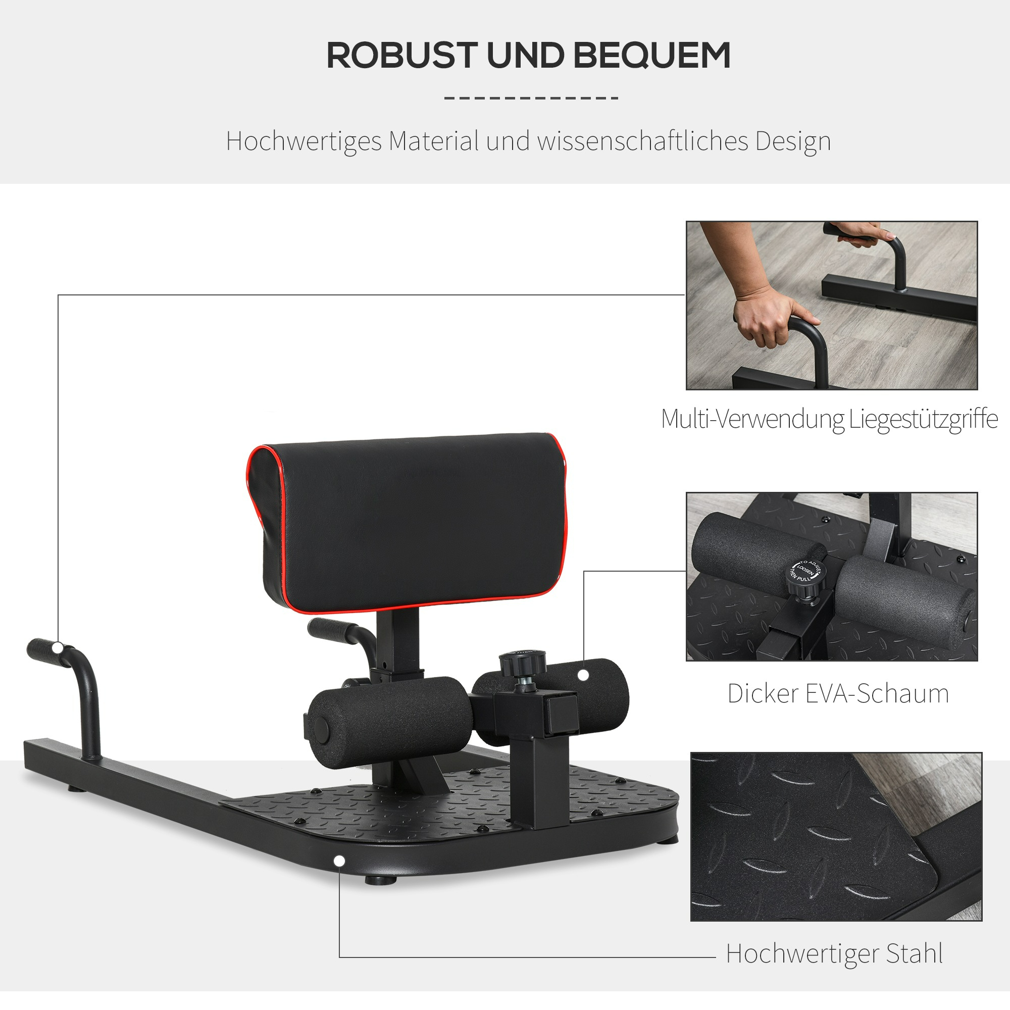 Gewichthebe-Maschine mit roten Akzenten. Zeigt Details der Maschine, einschließlich Polster, Griffe und Basis.