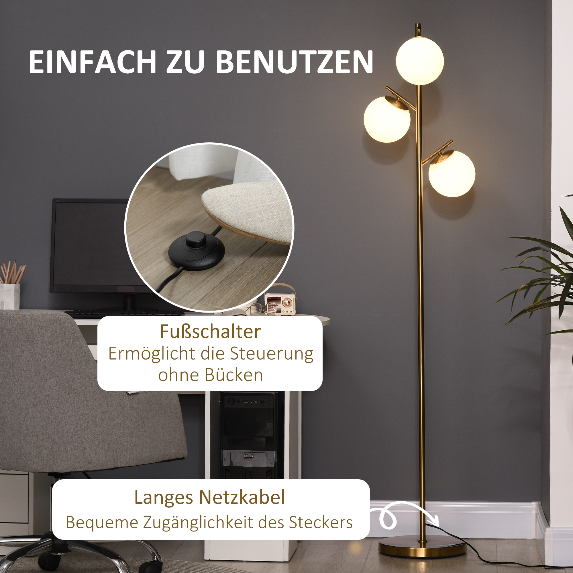 Eine hohe Stehlampe mit drei Kugellampen und einem goldfarbenen Ständer. Fußschalter und Kabel sind abgebildet.