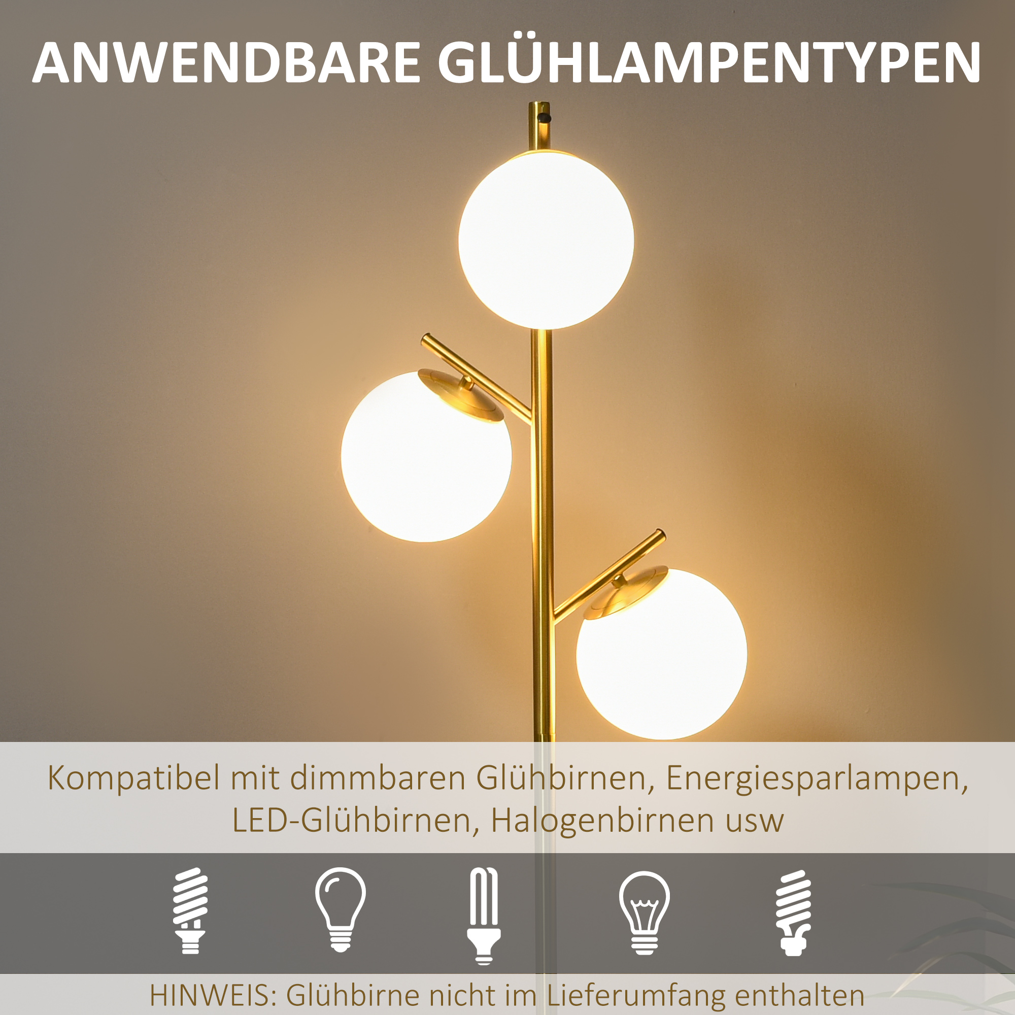 Stehlampe mit drei Kugelleuchten. Kompatibel mit dimmbaren, LED- und Energiesparlampen.