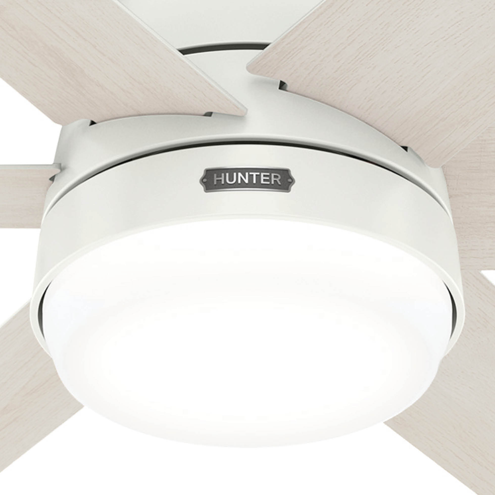 Weißer Deckenventilator mit fünf Flügeln, Licht. Hunter-Logo. Weiße und Holzblatt-Flügel.