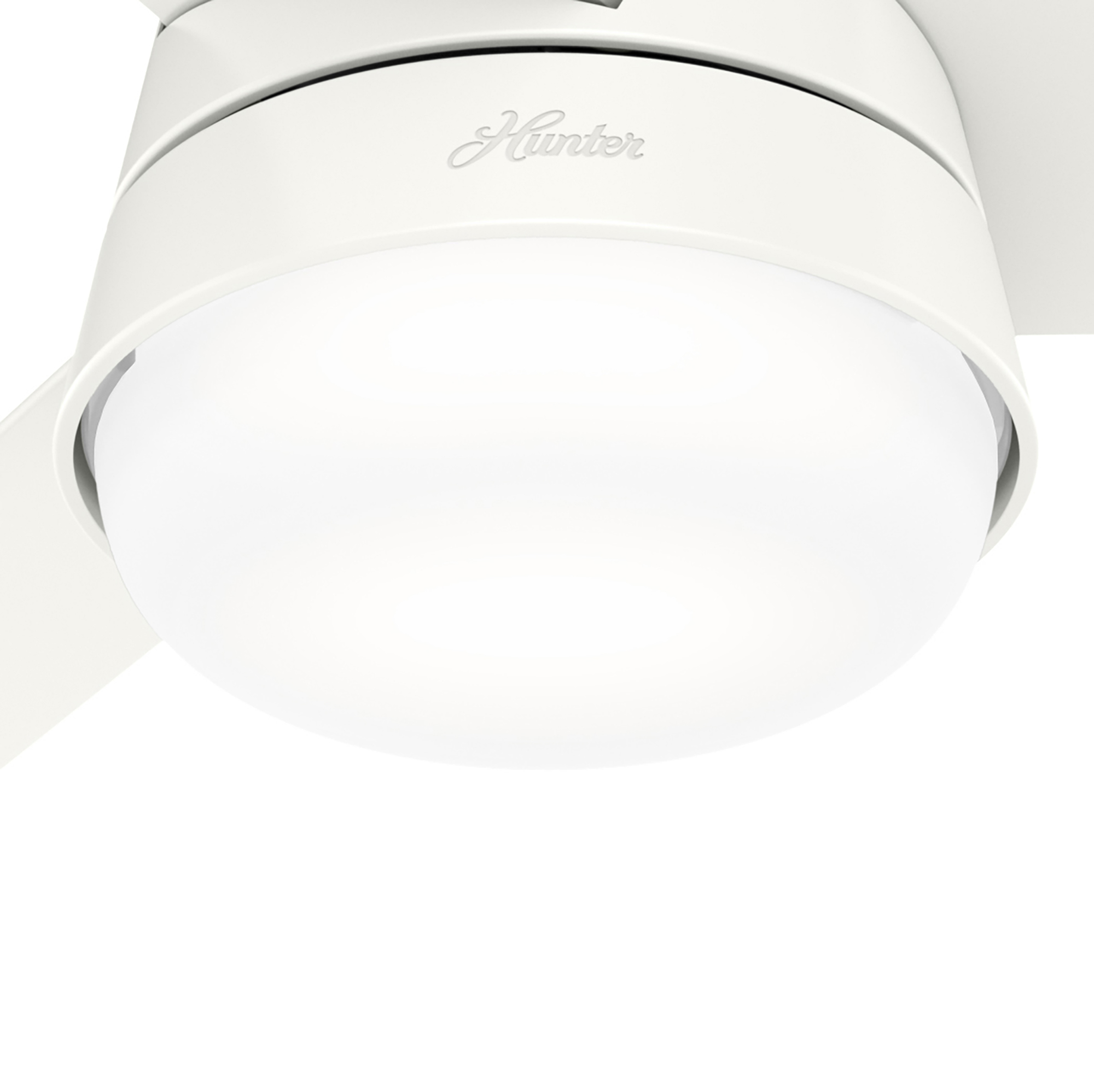 Weißer Deckenventilator-Sockel mit Hunter-Logo. Der Sockel hat ein rundes, weißes Licht.