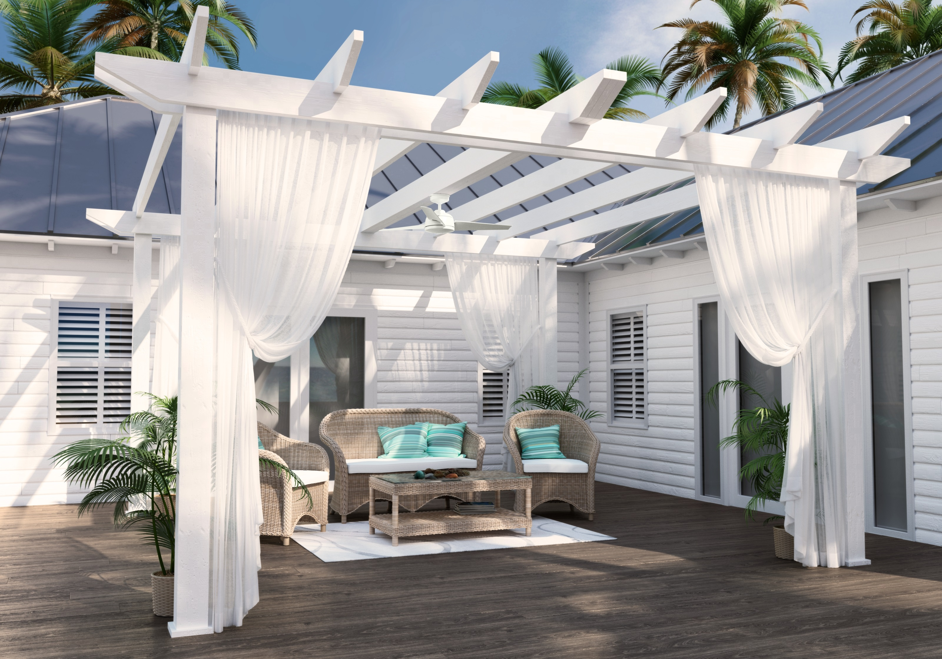 Terrasse im Freien mit weißer Pergola, Vorhängen, Möbeln und Pflanzen.