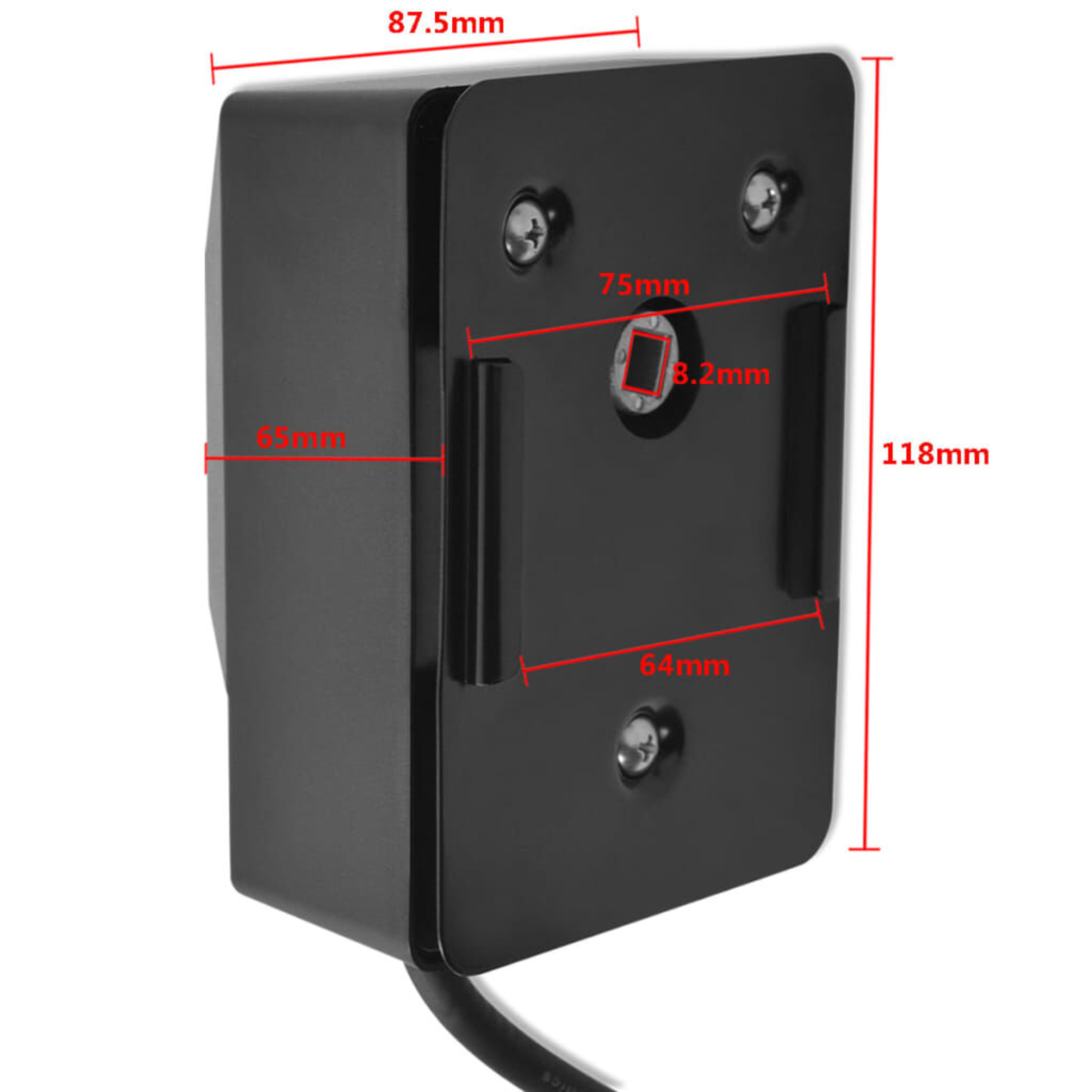 Schwarze Box mit Abmessungen. Abmessungen in mm. Schwarzes Kabel. Weißer Hintergrund.