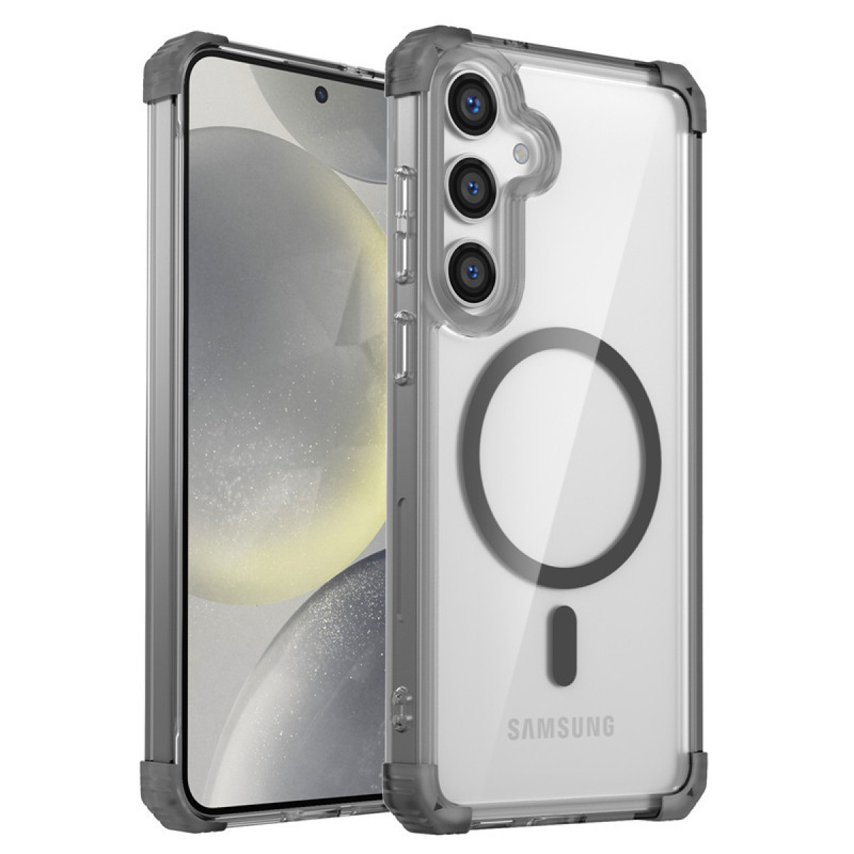 Una custodia per telefono con retro trasparente, cornice grigia e cerchio magnetico nero.