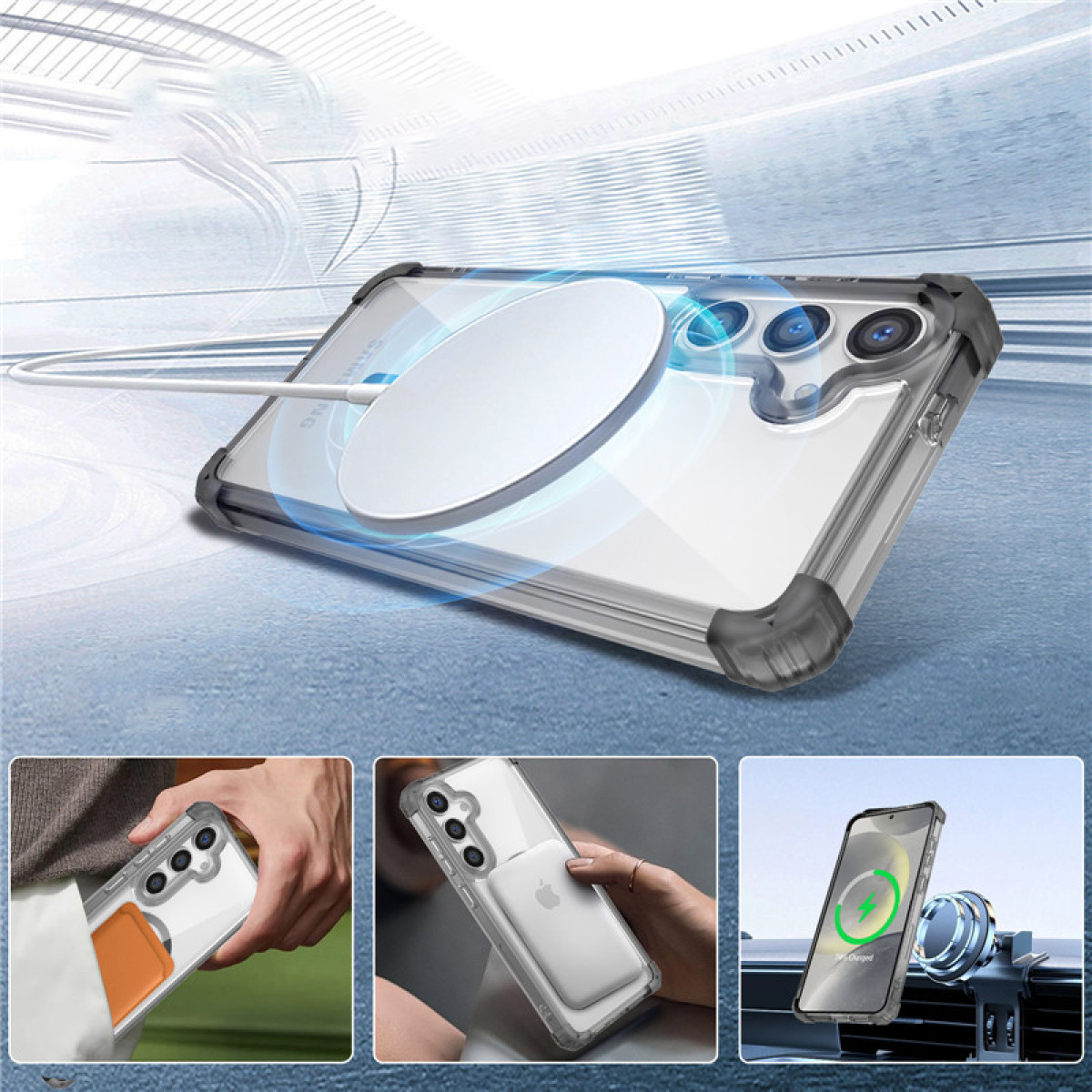 Custodia per telefono con retro trasparente e cerchio di ricarica magnetico. Immagini aggiuntive.