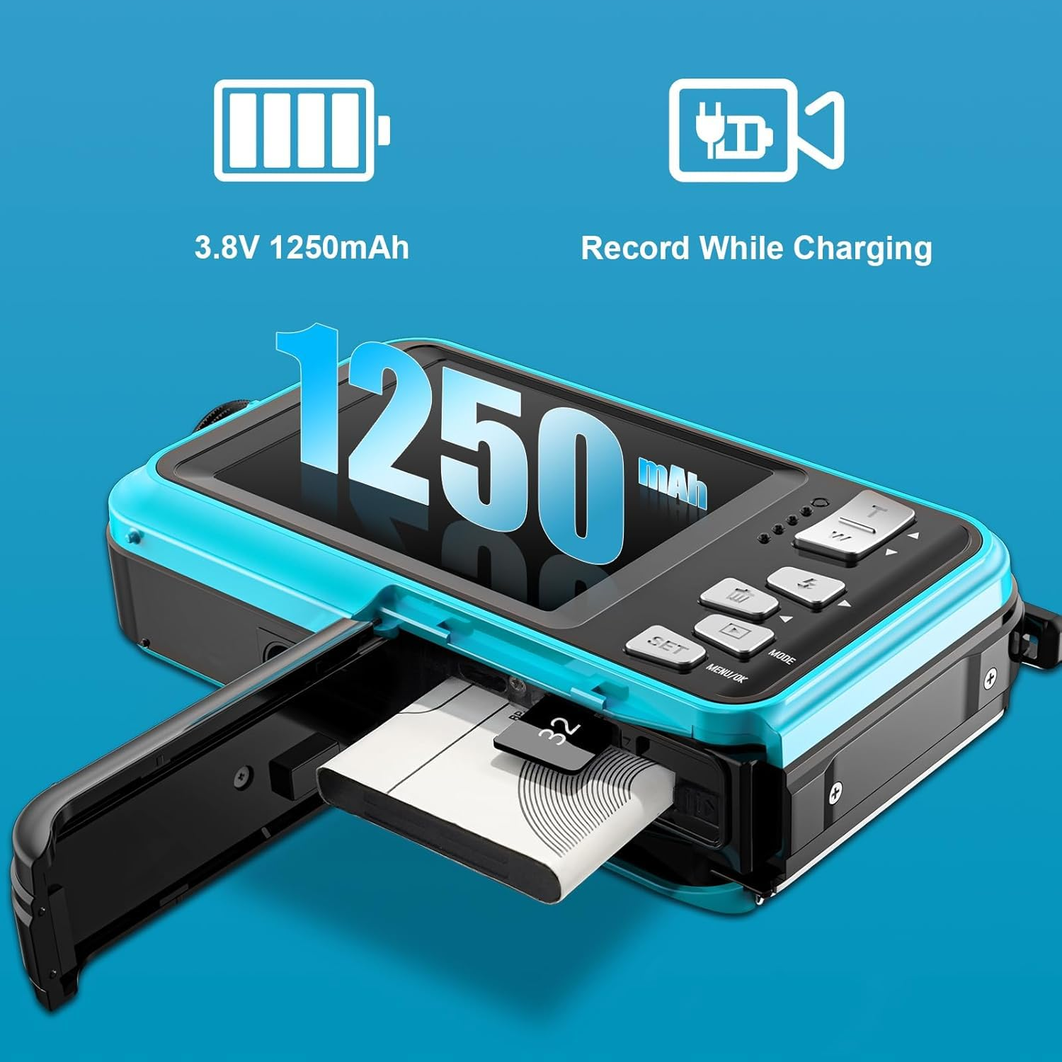 Wasserdichte Kamera mit geöffnetem Batteriefach, eine Batterie ist zu sehen.