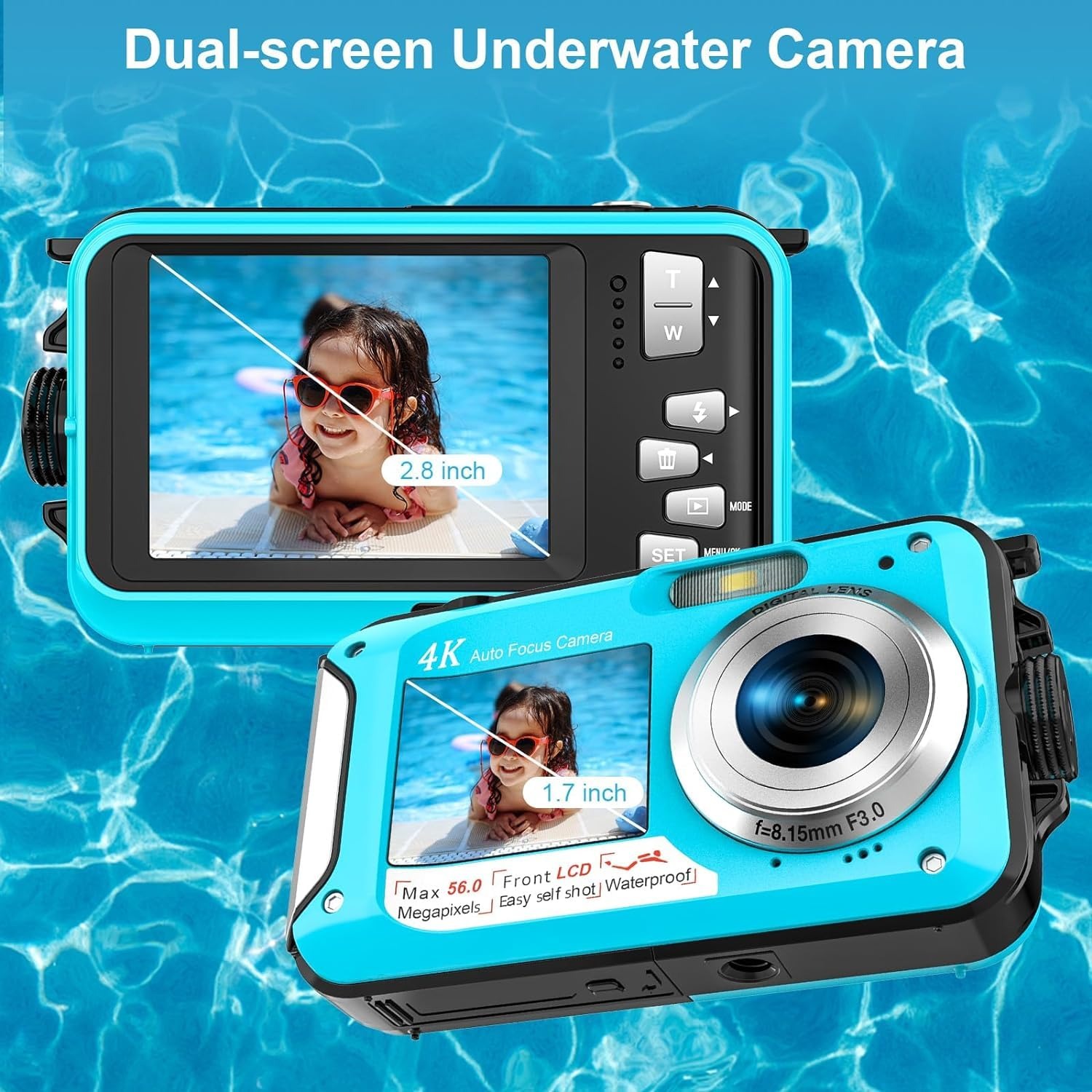 Zwei blaue Unterwasserkameras, die eine Person mit Sonnenbrille und einen Pool zeigen. Die Kamera hat Knöpfe und Einstellungen.