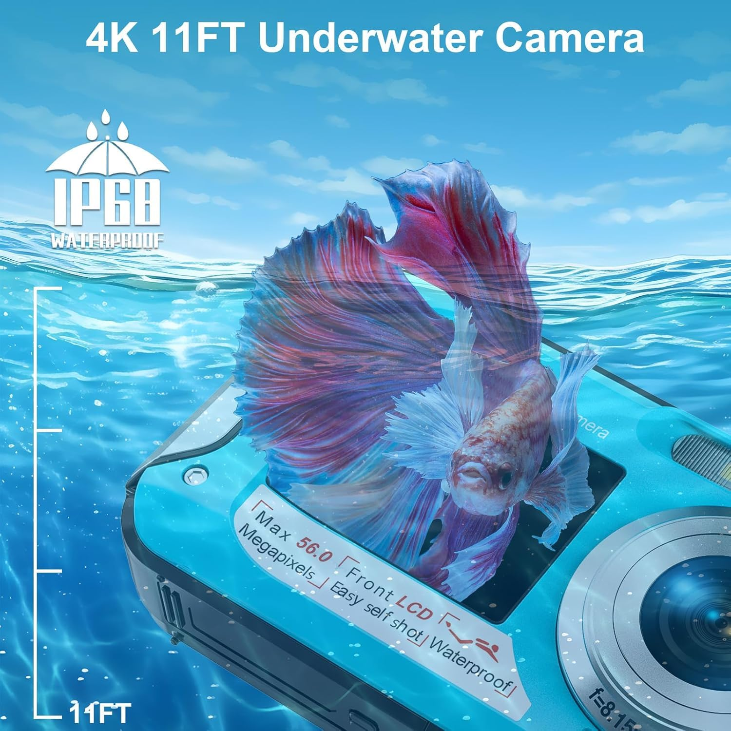 Eine Unterwasserkamera mit einem Fisch im Wasser. Es zeigt die Kamera mit dem Knopf und einer Skala.