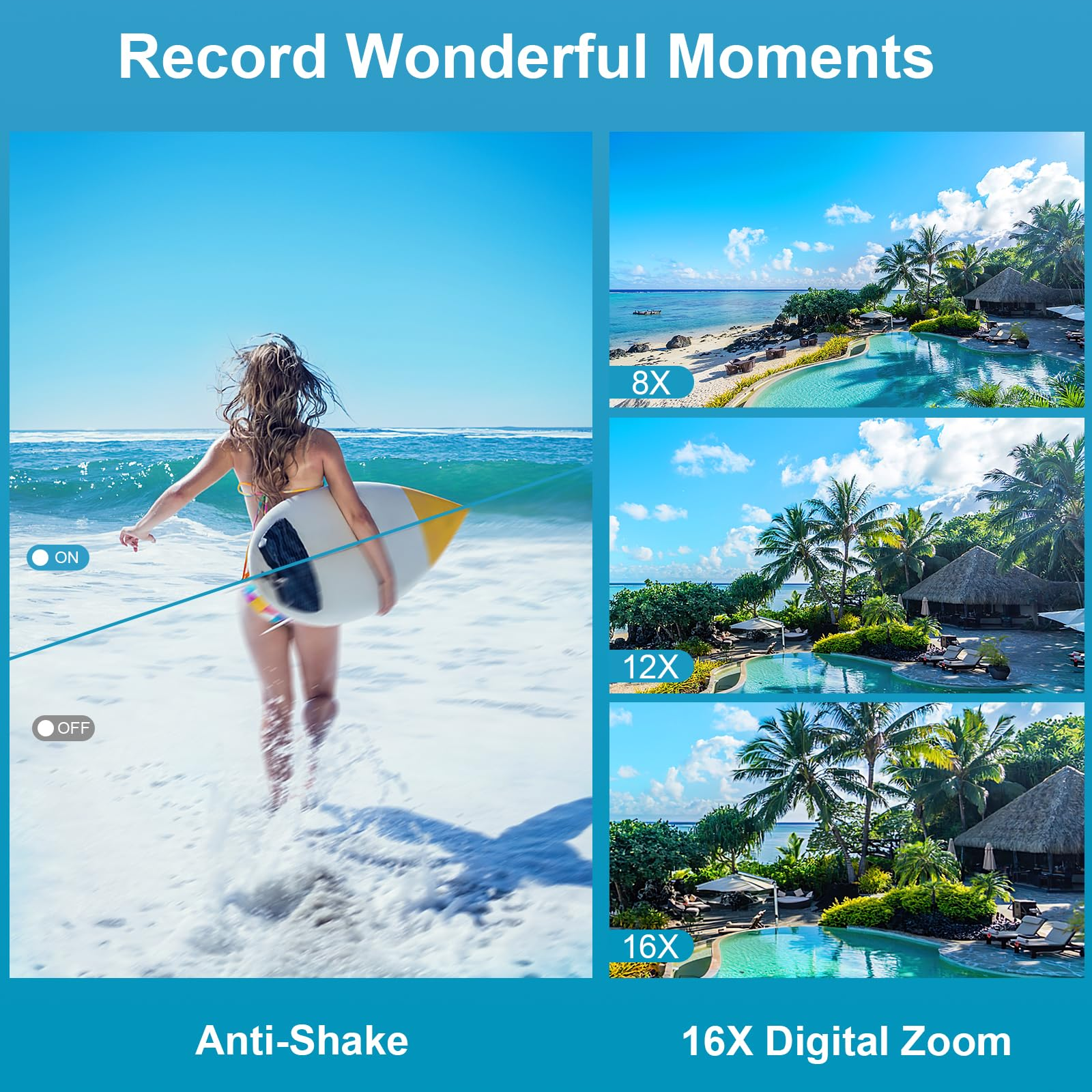 Eine Frau mit einem Surfbrett rennt ins Meer. Auf der rechten Seite gibt es Strandszenen mit Zoomfunktionen.