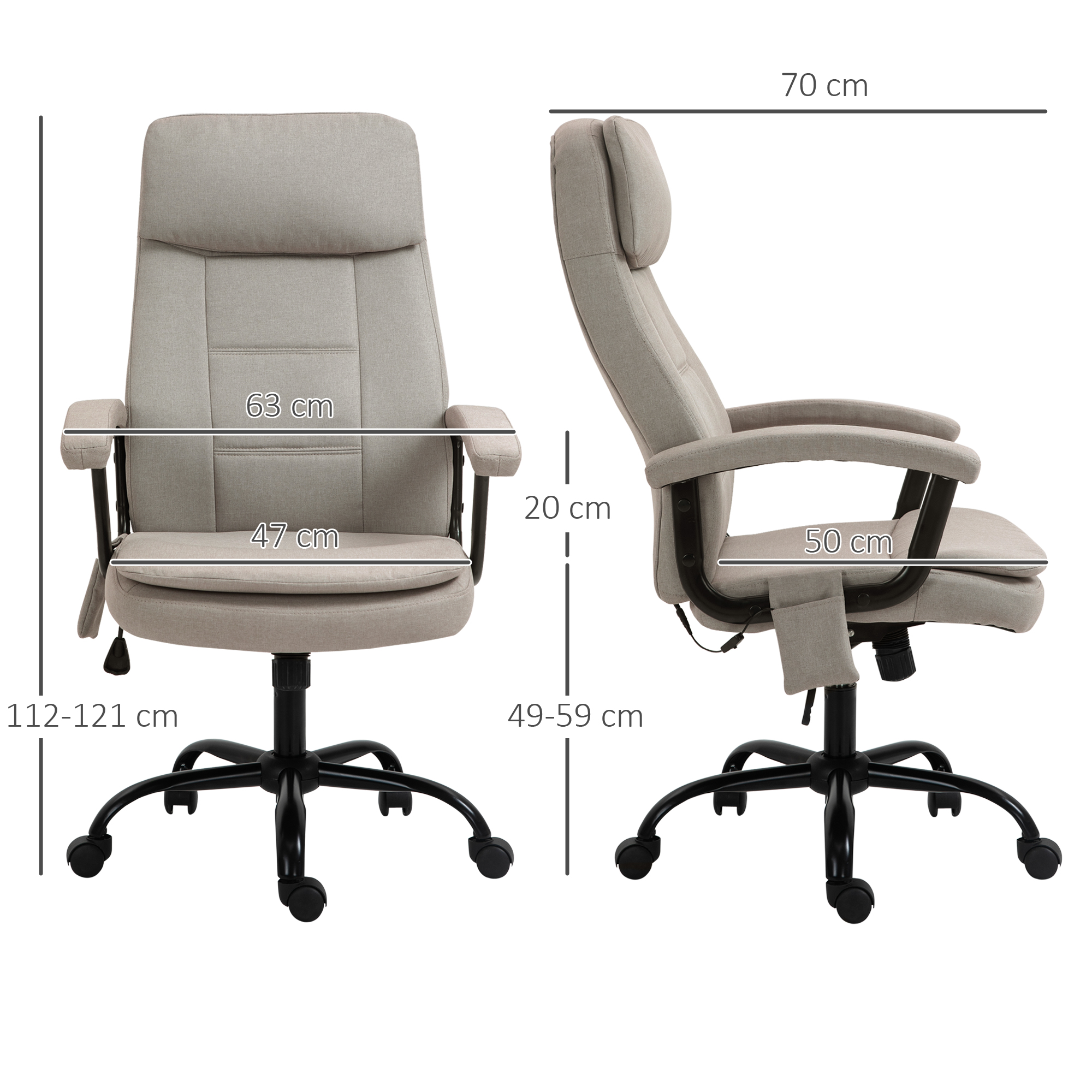 Bürostuhl mit Maßangaben. Vorder- und Seitenansicht zeigen einen beigen Stuhl mit schwarzem Gestell und Armlehnen.