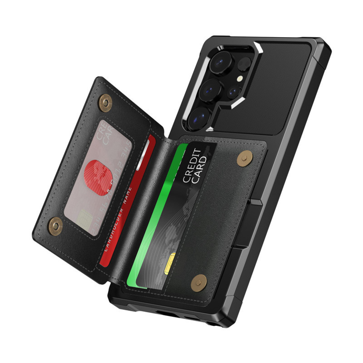 Una custodia per telefono nera con fessure per carte, che tiene carte di credito, su sfondo bianco.