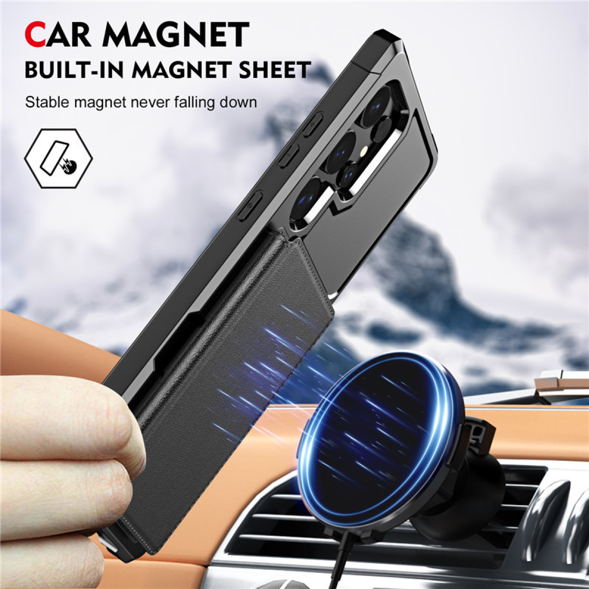 Custodia del telefono attaccata a un supporto magnetico per auto. La custodia è nera e il supporto è sul cruscotto.