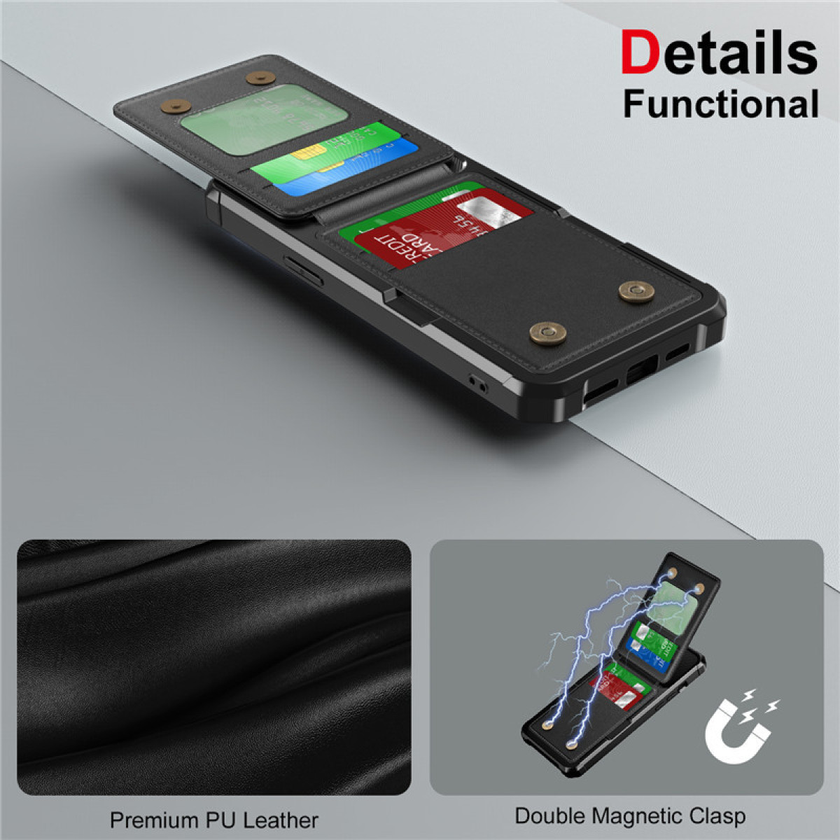 Custodia nera per telefono con design a portafoglio e carte di credito.