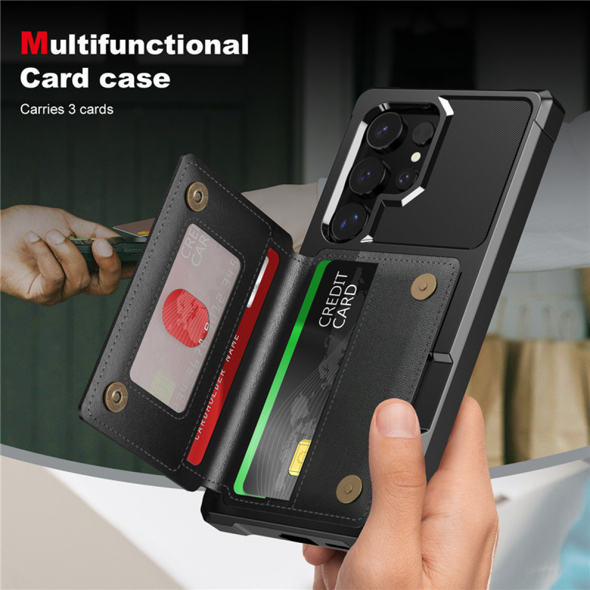 Custodia per telefono nera con scomparti per carte, con carte di credito e d'identità.