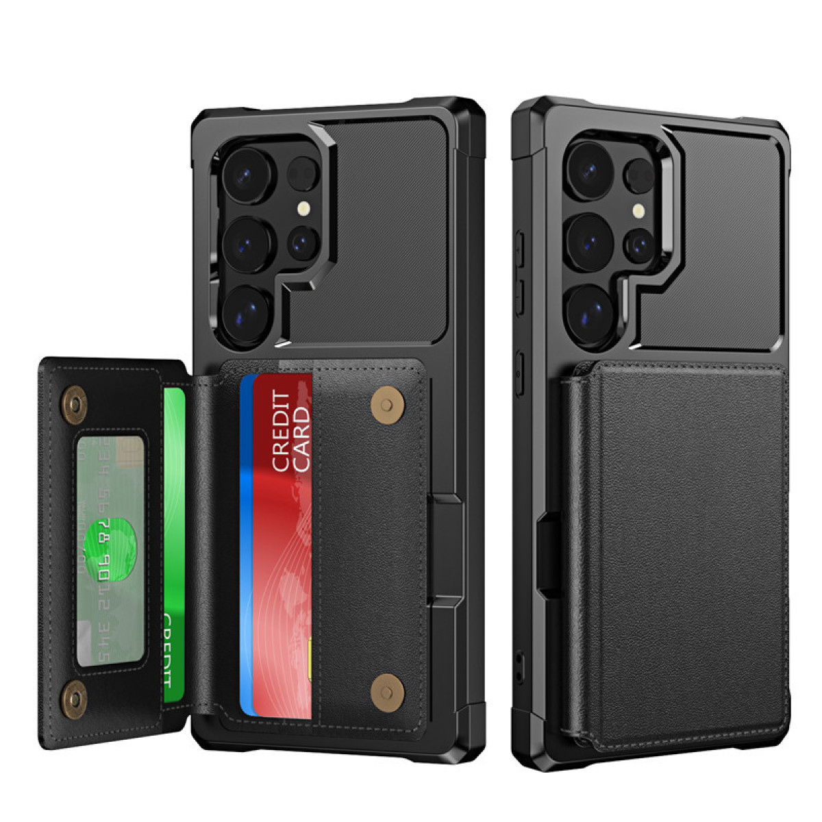 Custodia nera per telefono con porta carte. Due viste, una mostra una carta di credito. Sfondo nero.