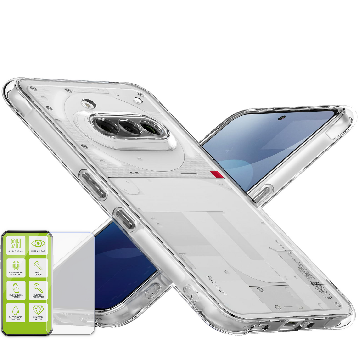 Eine transparente Handyhülle über einem Telefon, mit Displayschutz und Symbolen.