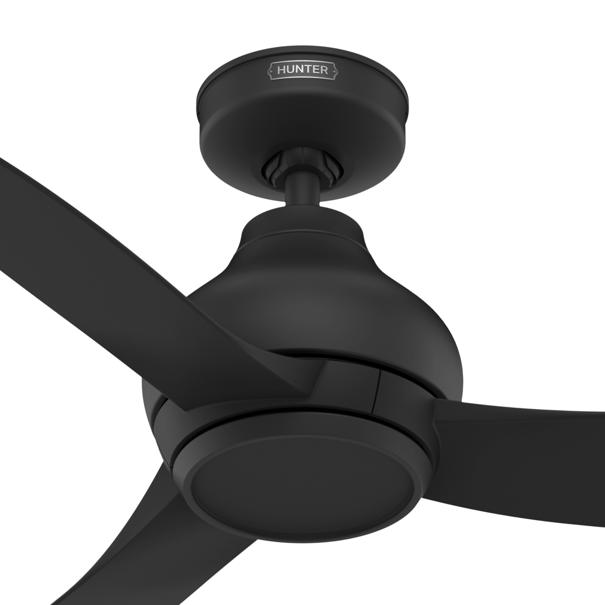Schwarzer Deckenventilator mit drei Flügeln. Der Markenname 'HUNTER' ist auf dem Motorgehäuse zu sehen.