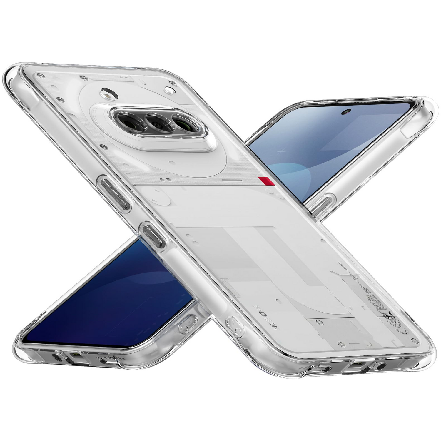 Transparente Handyhülle auf weißem Untergrund, Telefon sichtbar.