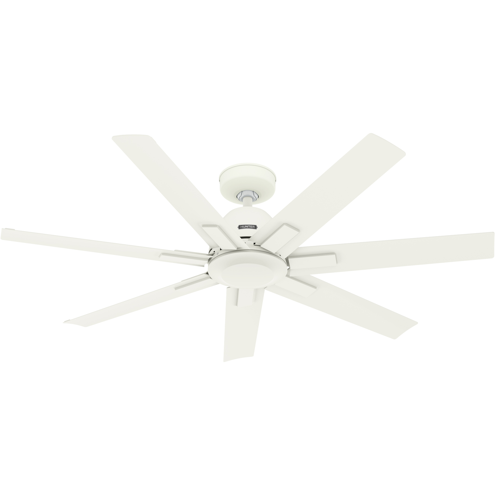 Weißer Deckenventilator mit sieben Flügeln vor weißem Hintergrund.