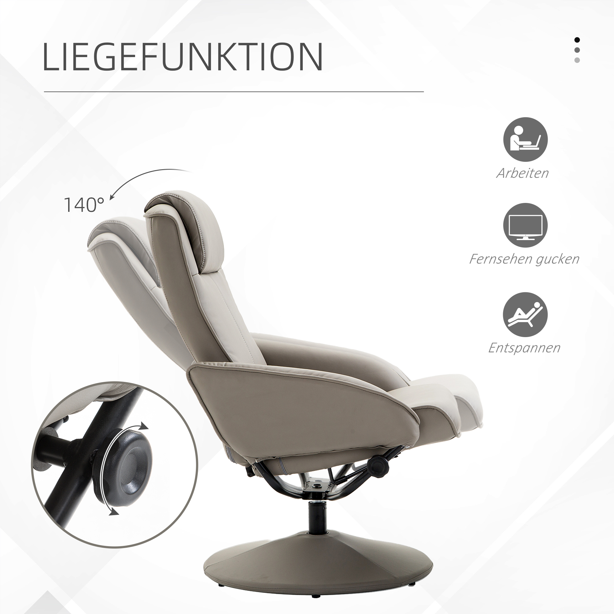 Grauer Relaxsessel, um 140 Grad abgewinkelt. Textüberlagerung.