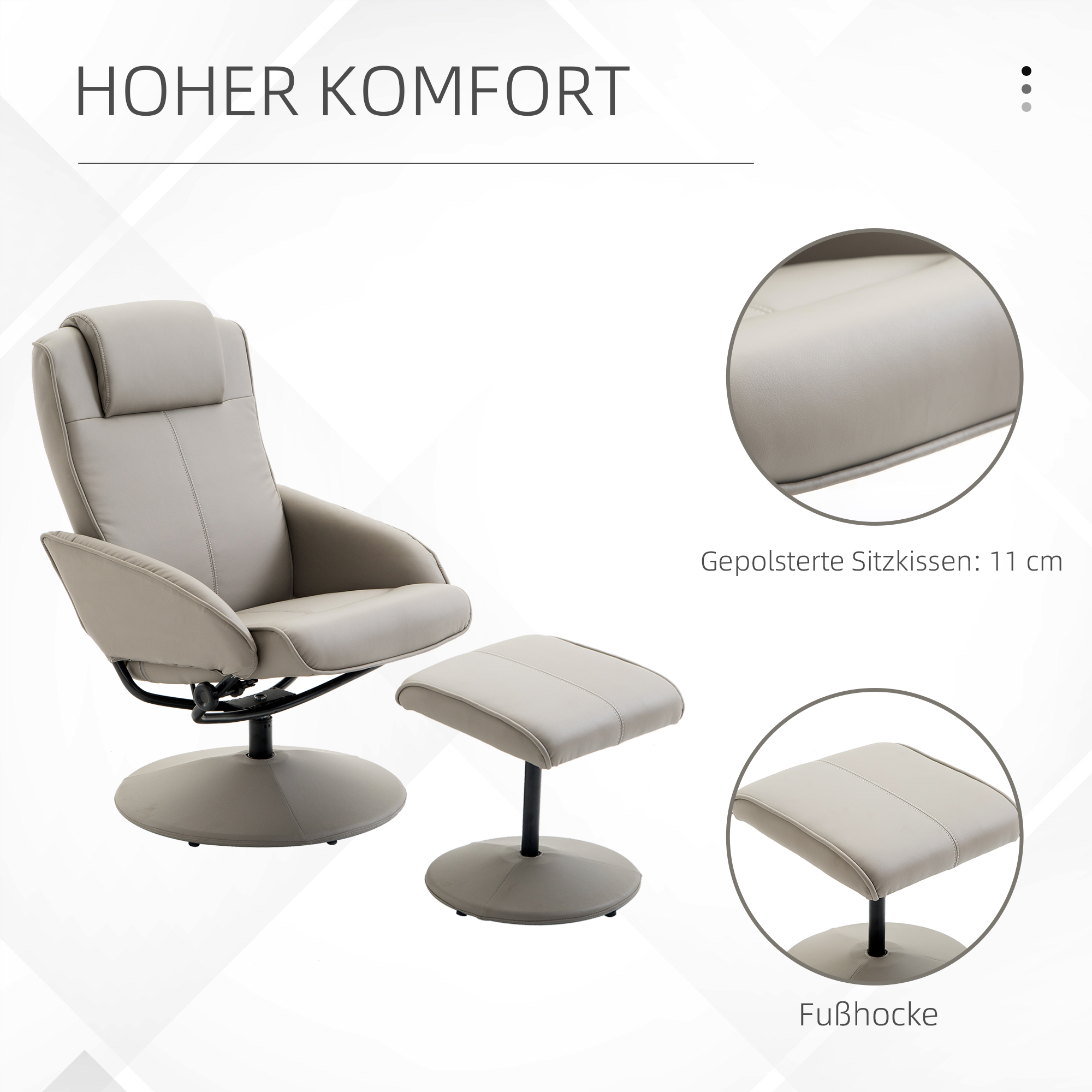 Ein hellgraues Stuhl- und Ottomanen-Set. Der Stuhl hat eine Kopfstütze und ein schwarzes Gestell. Der Hocker ist klein.