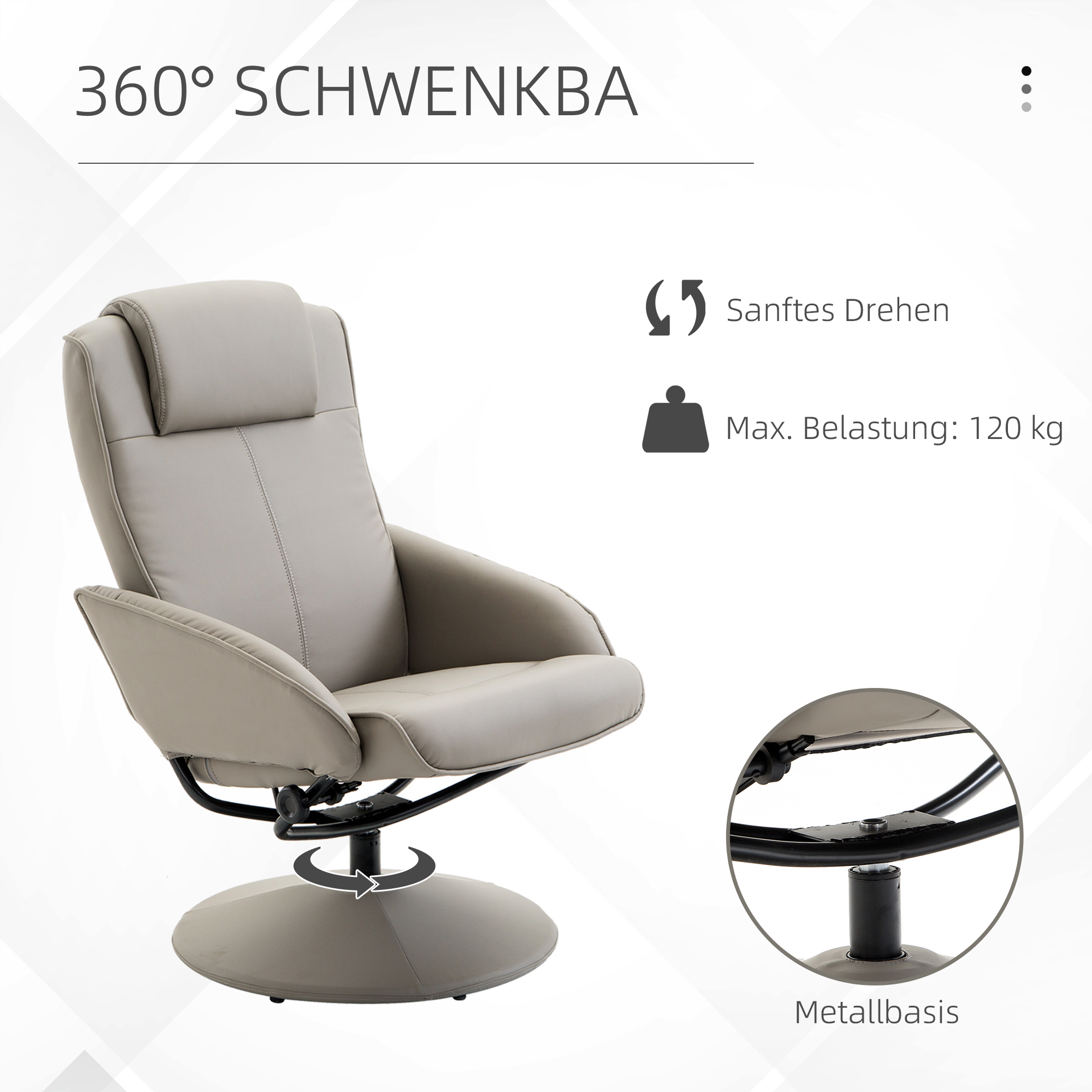 Hellgrauer Drehstuhl mit Kopfstütze, auf weißem Hintergrund. Der Stuhl hat ein Metallgestell.