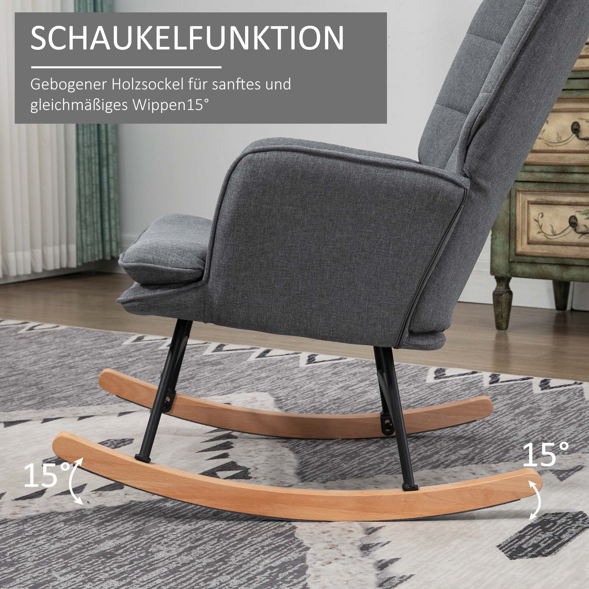 Grauer Schaukelstuhl mit Holzschaukeln, 15 Grad angewinkelt, auf einem gemusterten Teppich.