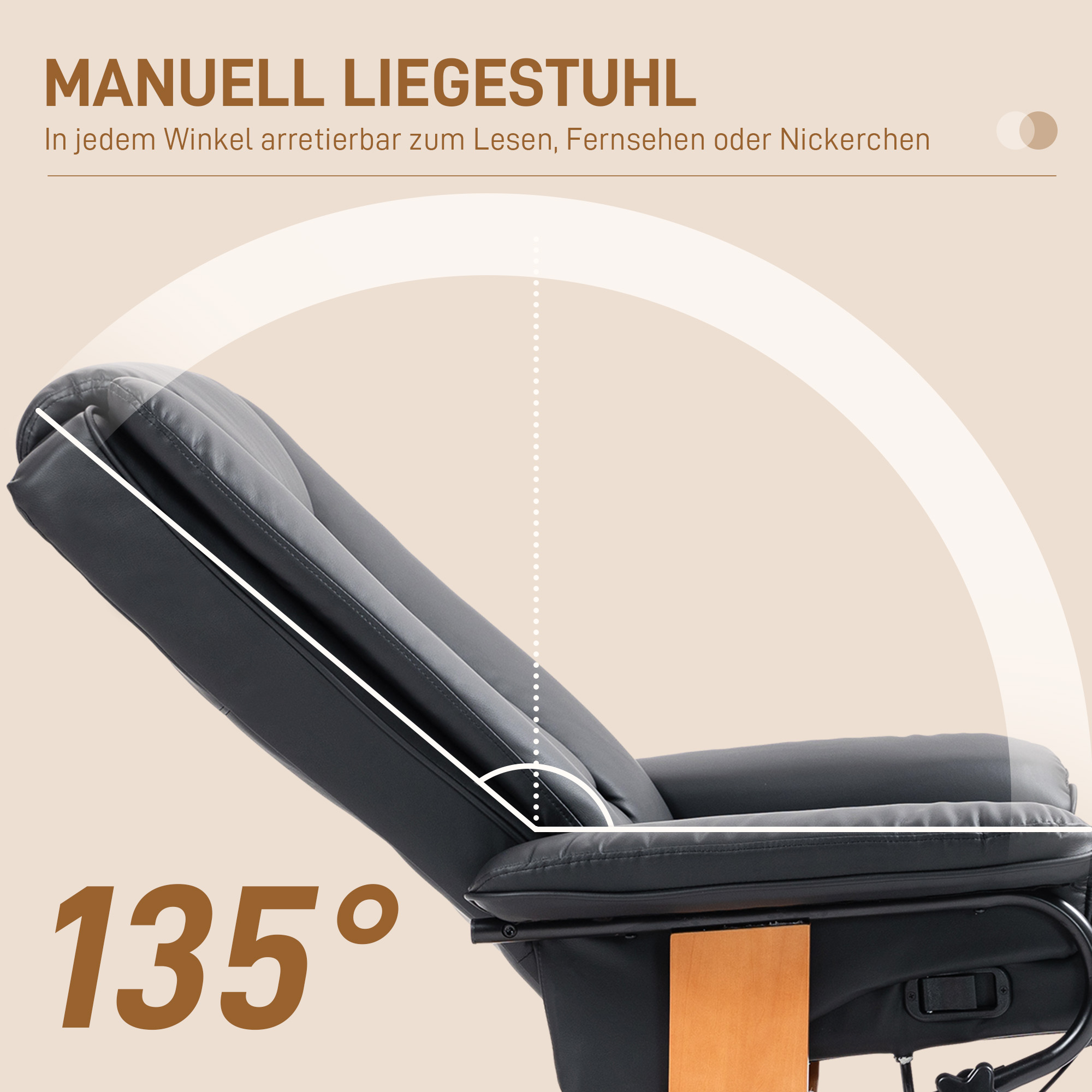 Schwarzer Relaxsessel, um 135 Grad abgewinkelt, mit deutschem Text.