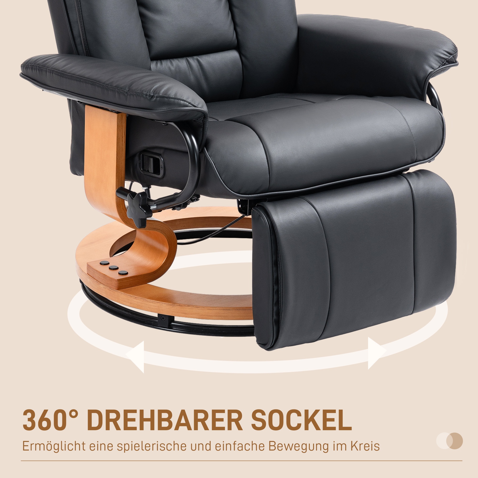 Schwarzer Ledersessel. Die Basis ist aus Holz und hat Pfeile, die eine 360-Grad-Drehung anzeigen.