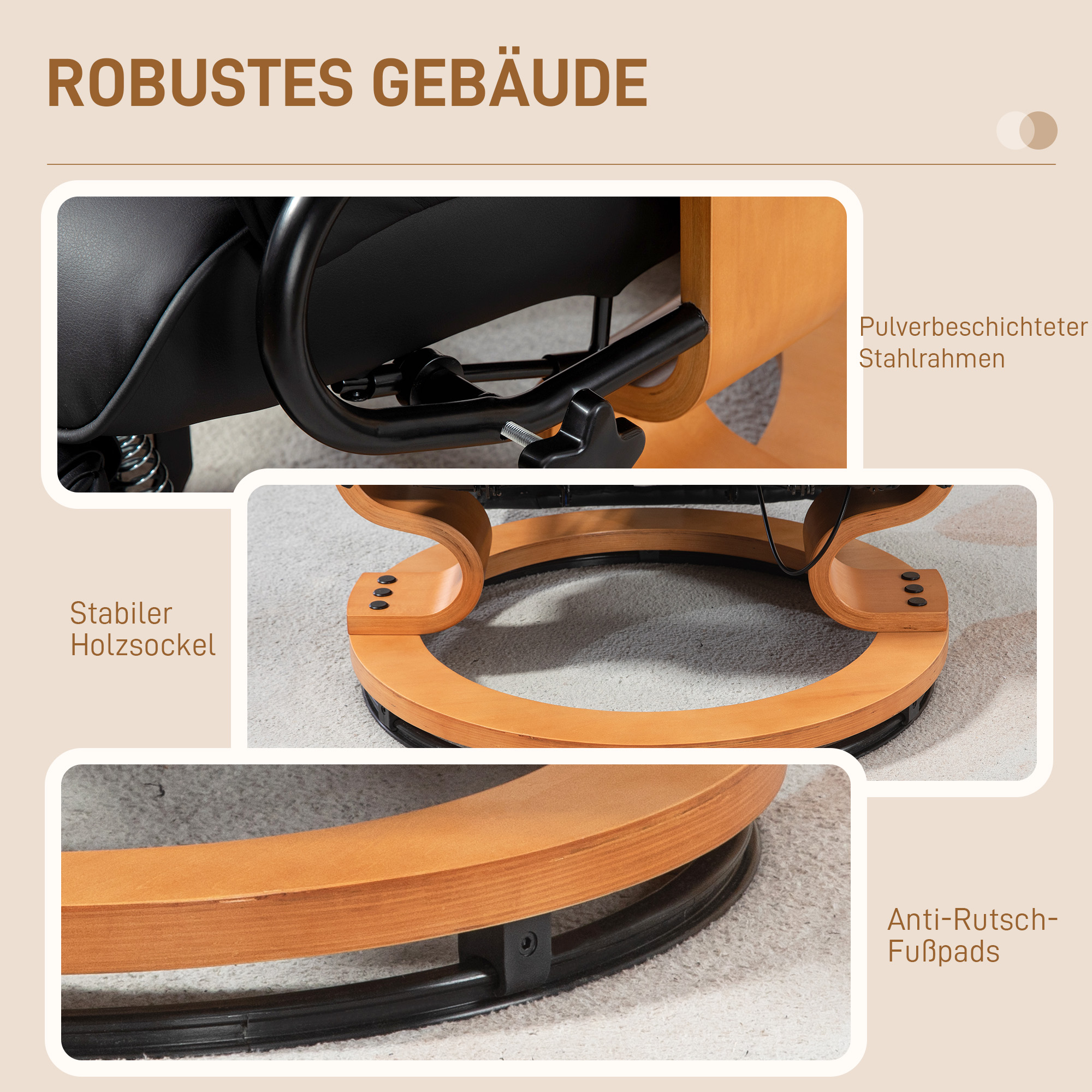 Nahaufnahme-Details eines schwarzen Leder-Relaxsessels, der sein Design zeigt.