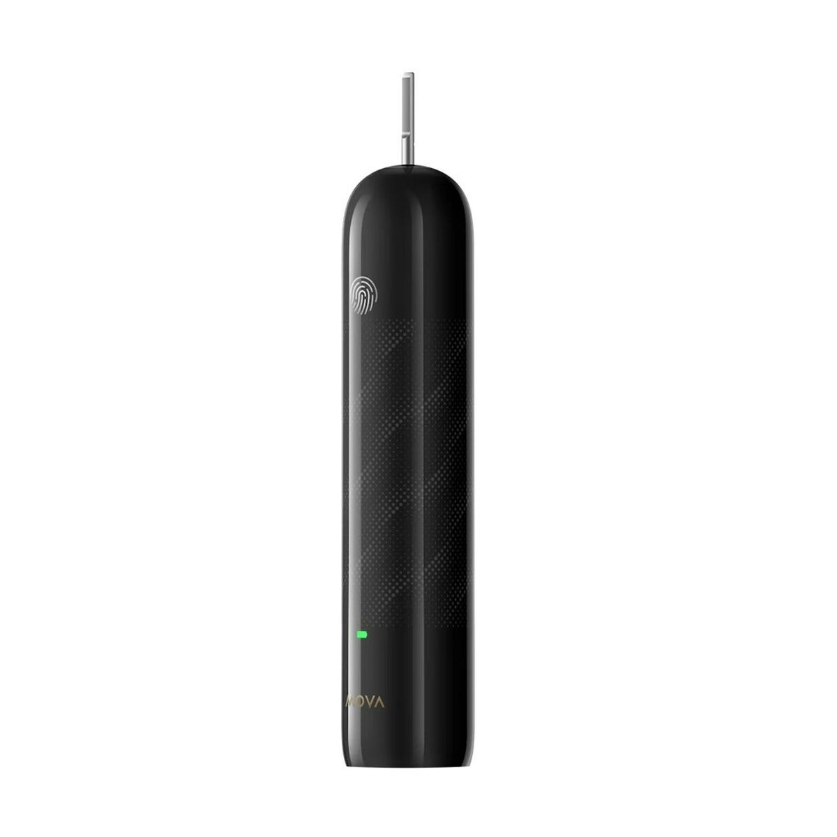Schwarze elektrische Zahnbürste mit grünem Licht und Fingerabdrucksymbol.