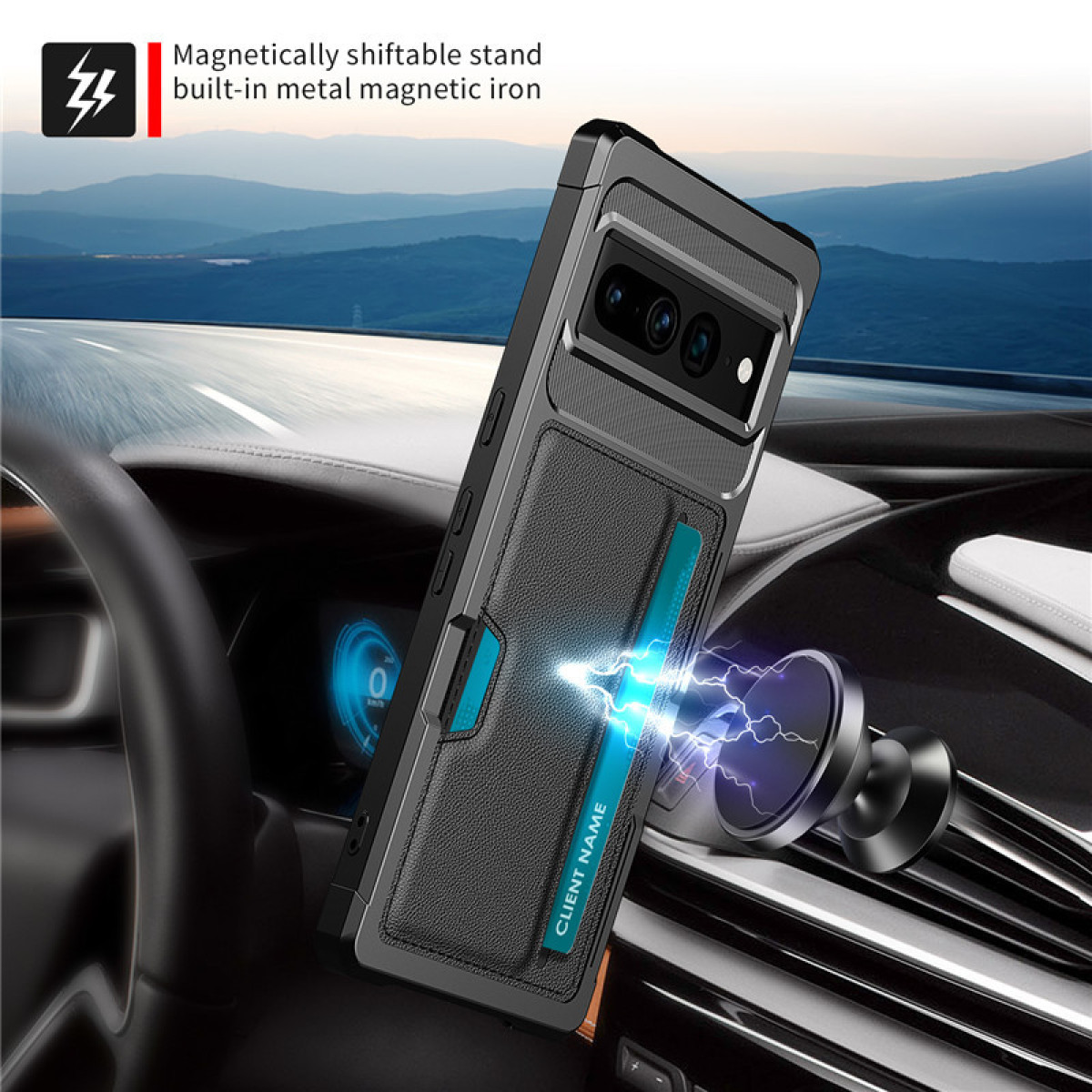 Telefono in una custodia attaccato al cruscotto dell'auto, in carica. Effetto elettrico blu.