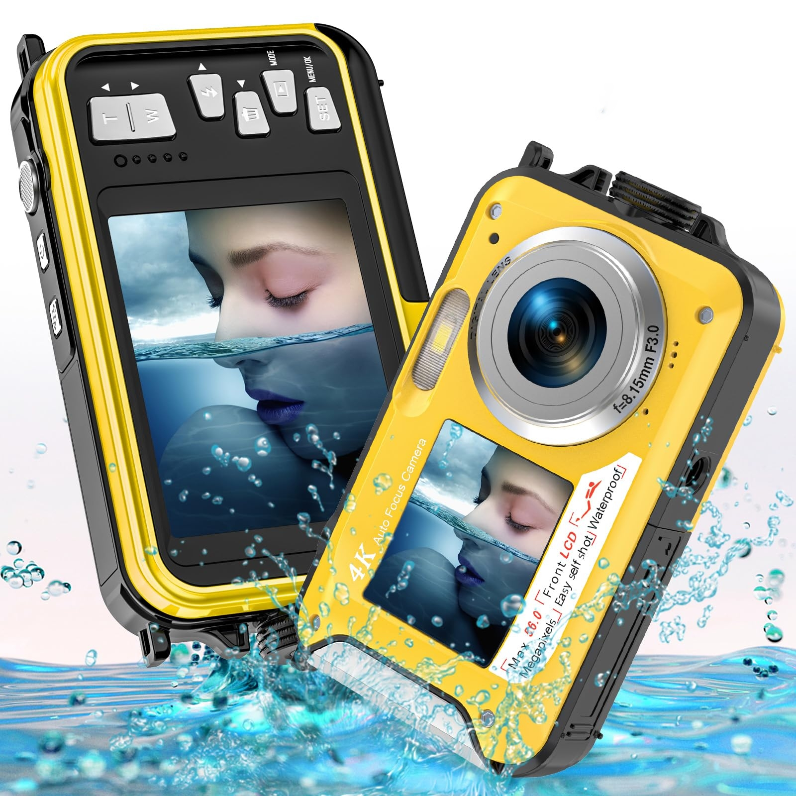 Zwei gelbe wasserdichte Kameras, eine im Wasser mit dem Gesicht einer Frau auf dem Bildschirm.