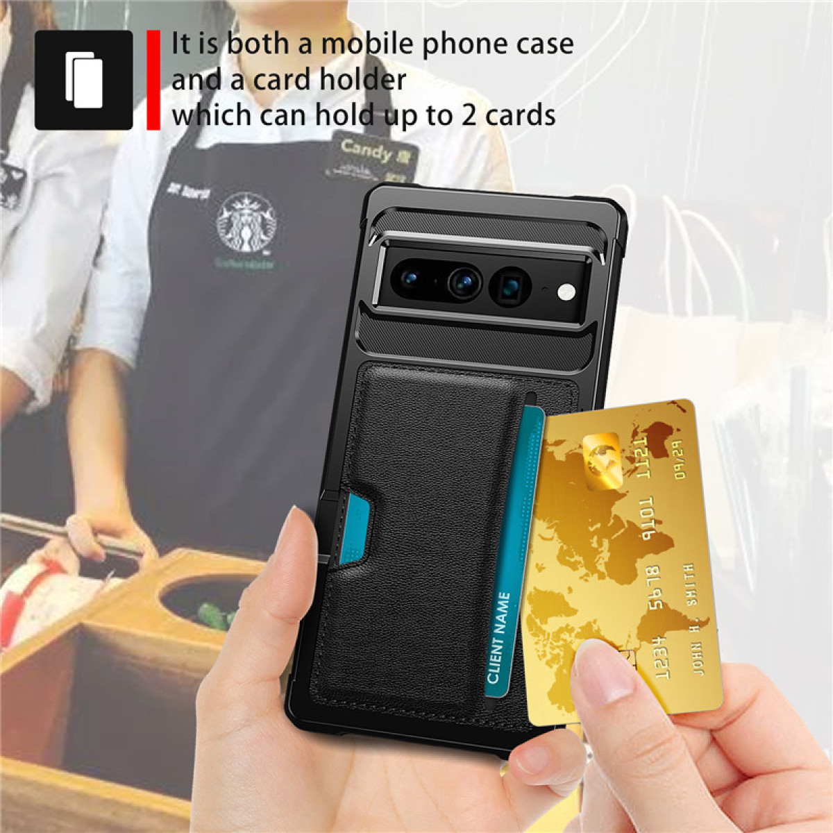 Custodia per telefono nera con porta carte, carta di credito oro e mano che tiene il telefono.