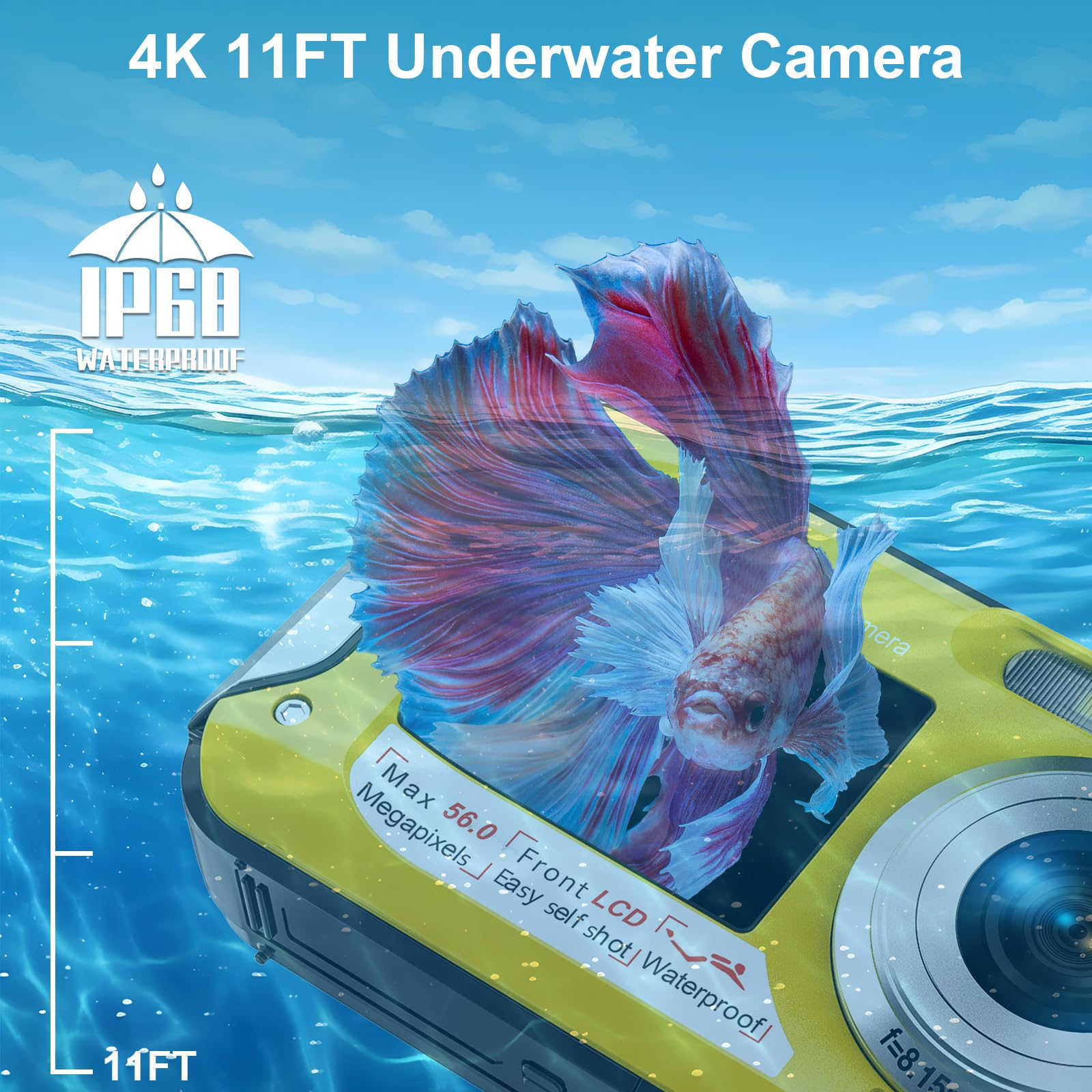 Eine Unterwasserkamera mit einem vorbeischwimmenden Fisch und einem wasserdichten Schild.