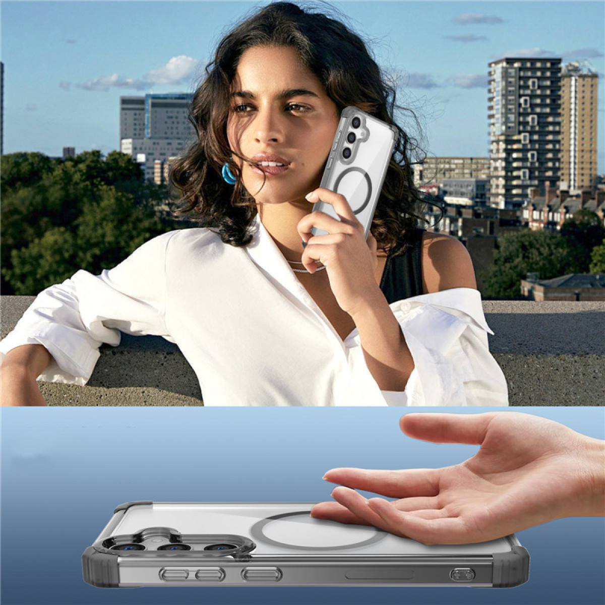 Donna con telefono con custodia trasparente, sfondo urbano. Un'altra mano custodia.