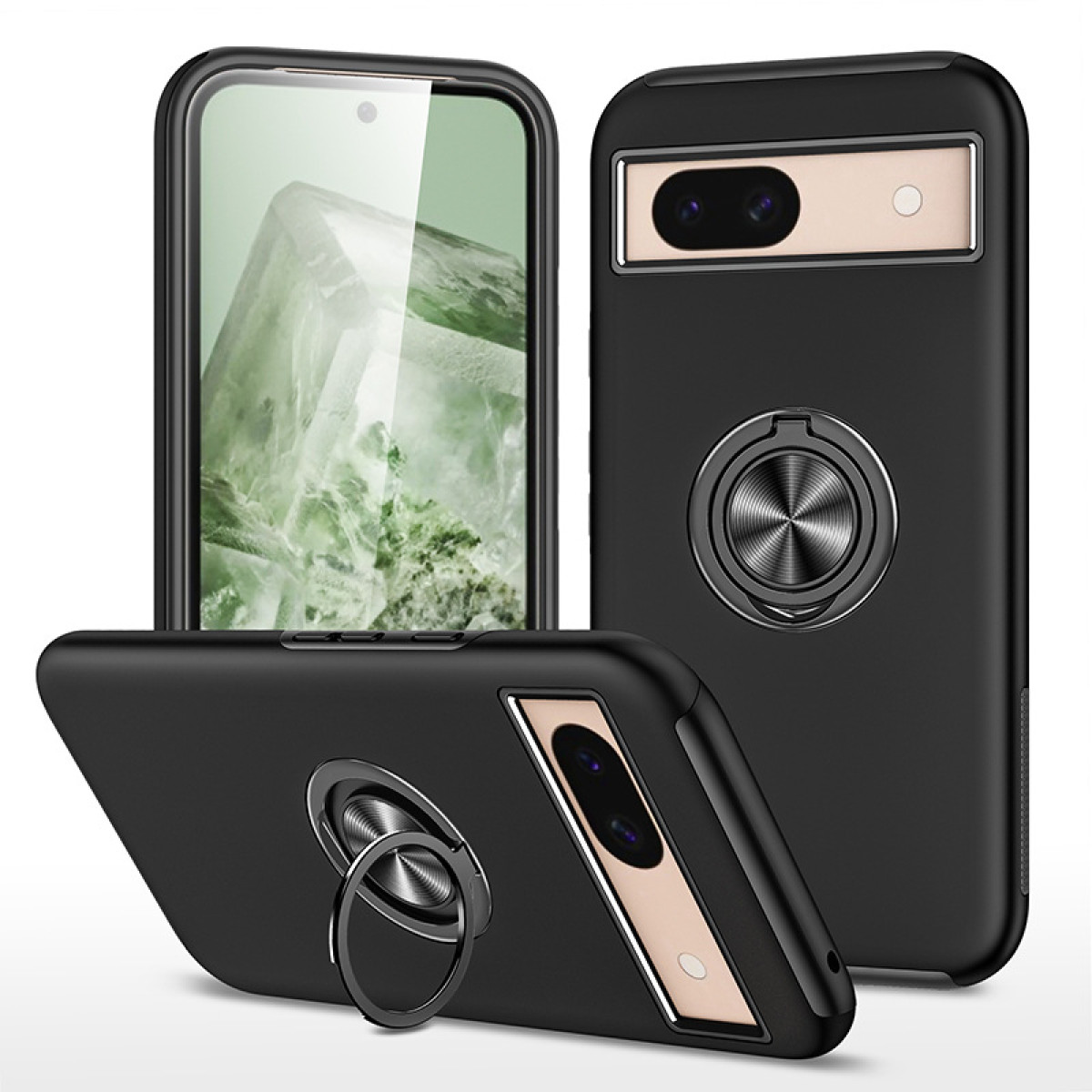 Custodie per telefono nere con anello, una con schermo del telefono visibile.