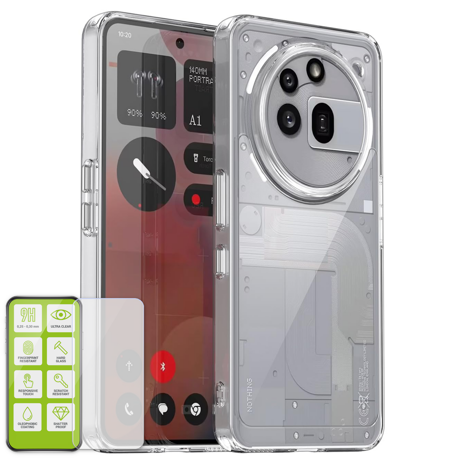 Klare Handyhülle mit Telefon, klarer Displayschutz. Zubehör sichtbar.