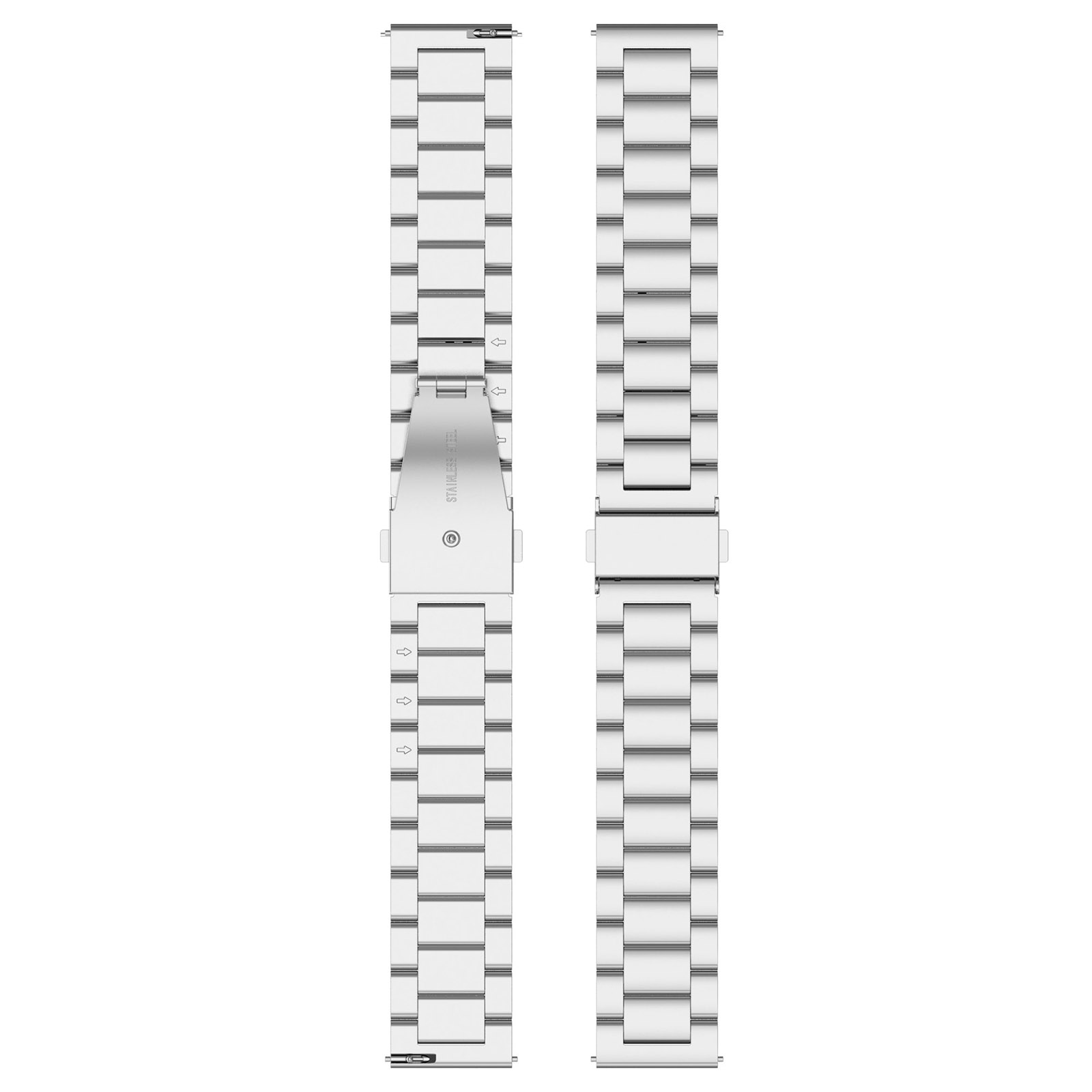 Zwei silberne Uhrenarmbänder mit Edelstahlgliedern, offen.