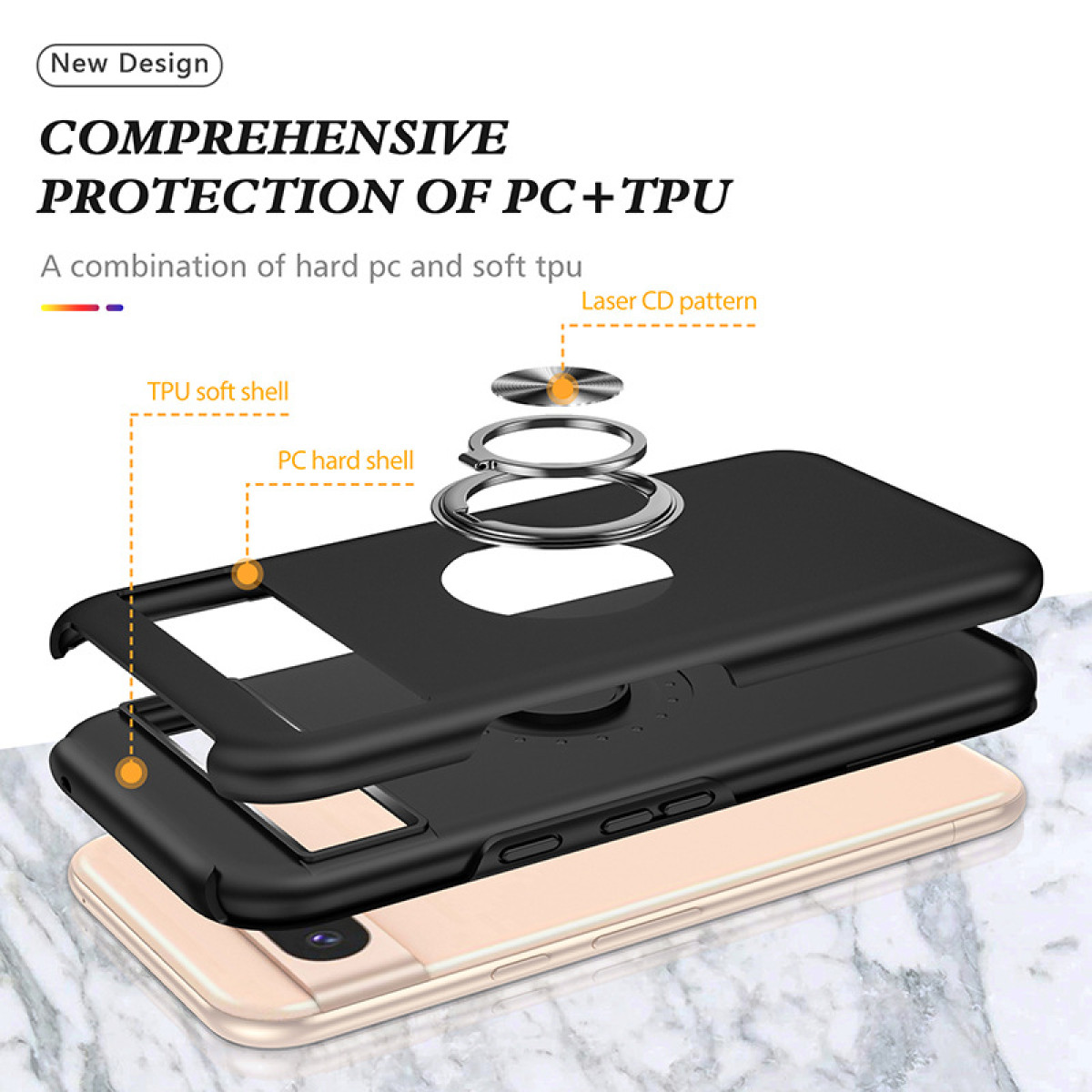Componenti di custodia per telefono neri e beige, che mostrano strati duri e morbidi.