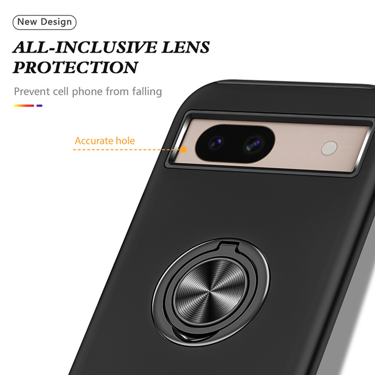 Custodia nera con anello. Testo: Protezione lente completa.